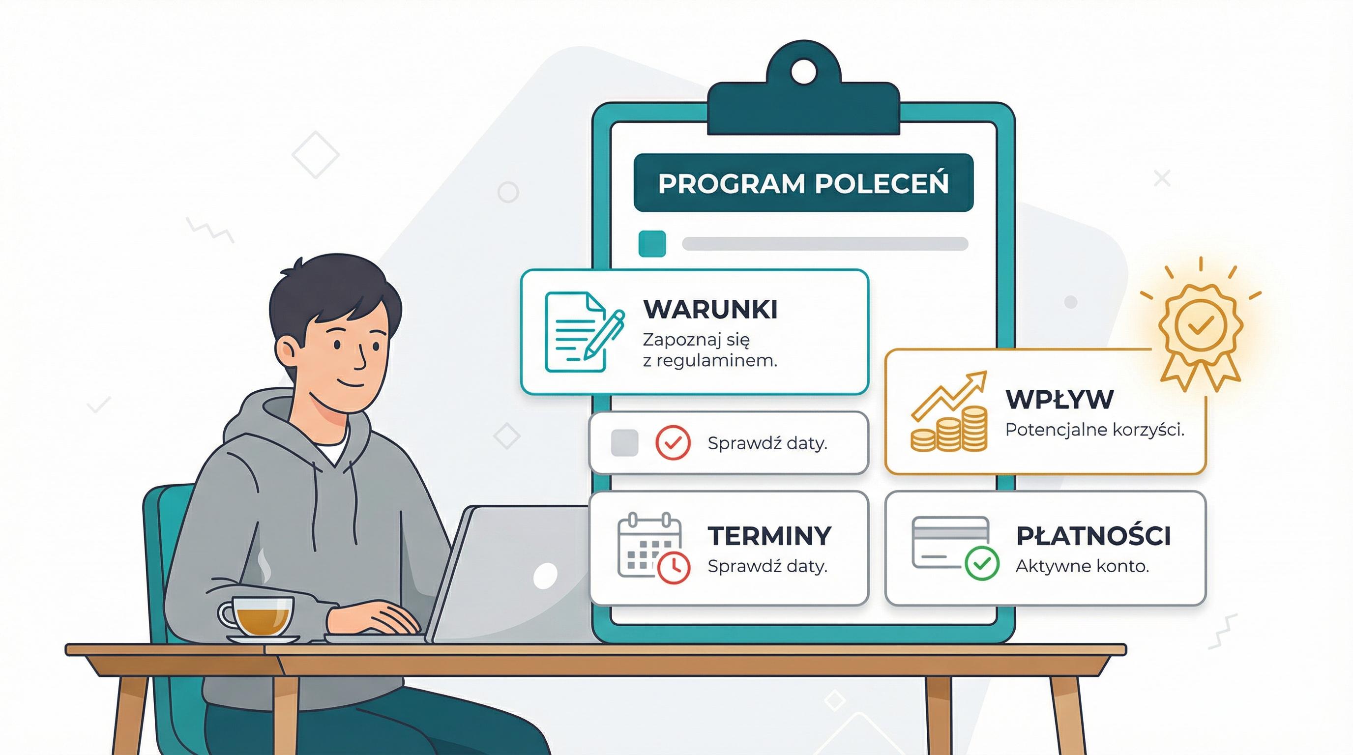 Osoba planuje polecanie kont, sprawdza terminy i warunki na czytelnej liście.