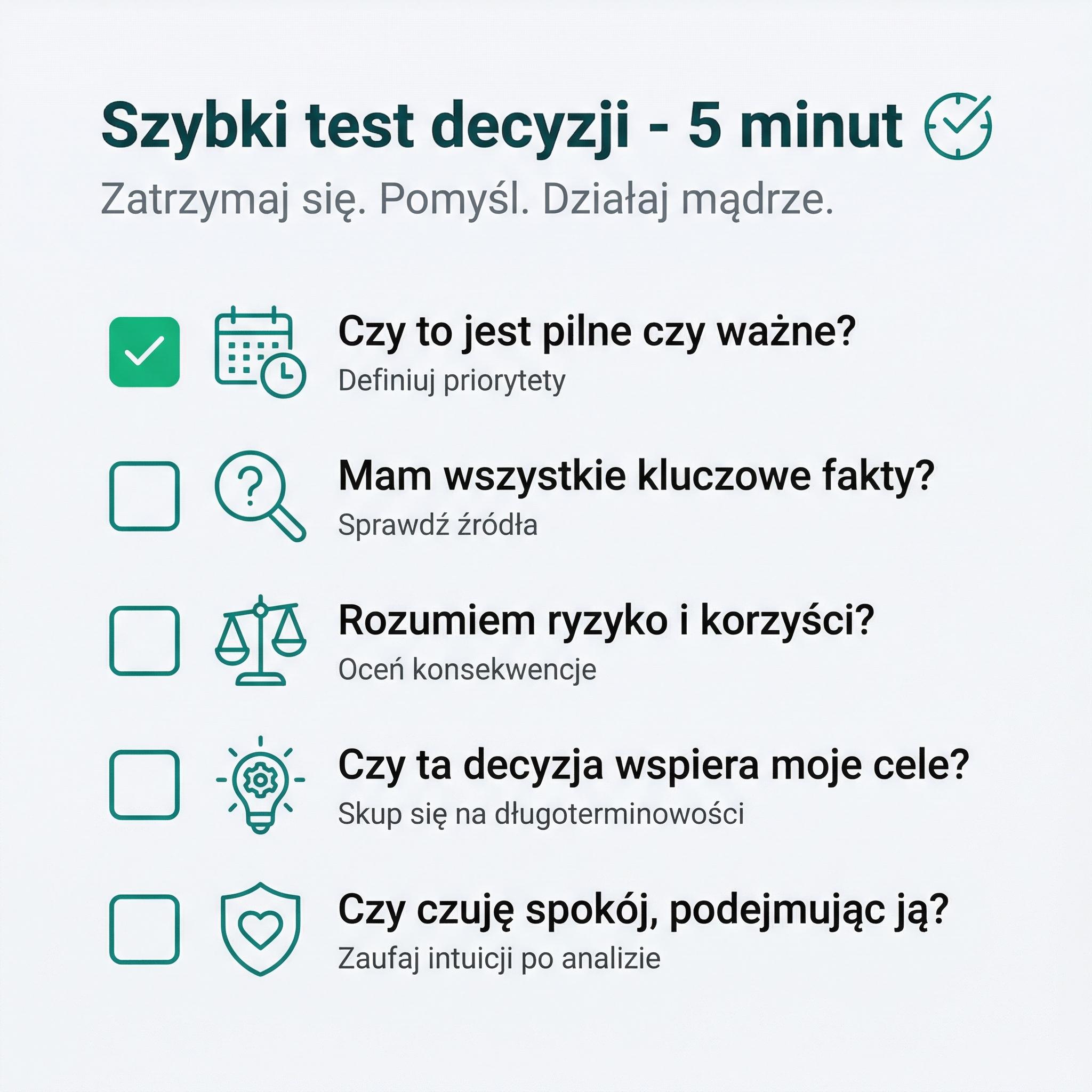 Karta checklisty z 5 pytaniami kontrolnymi przed rozpoczeciem programu polecen kont.