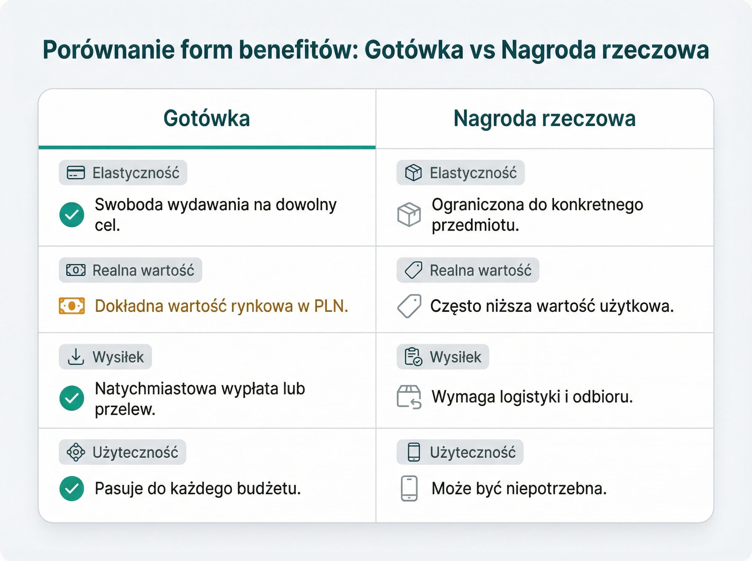 Plansza porownawcza pokazuje kiedy lepsza jest gotowka, a kiedy nagroda rzeczowa.