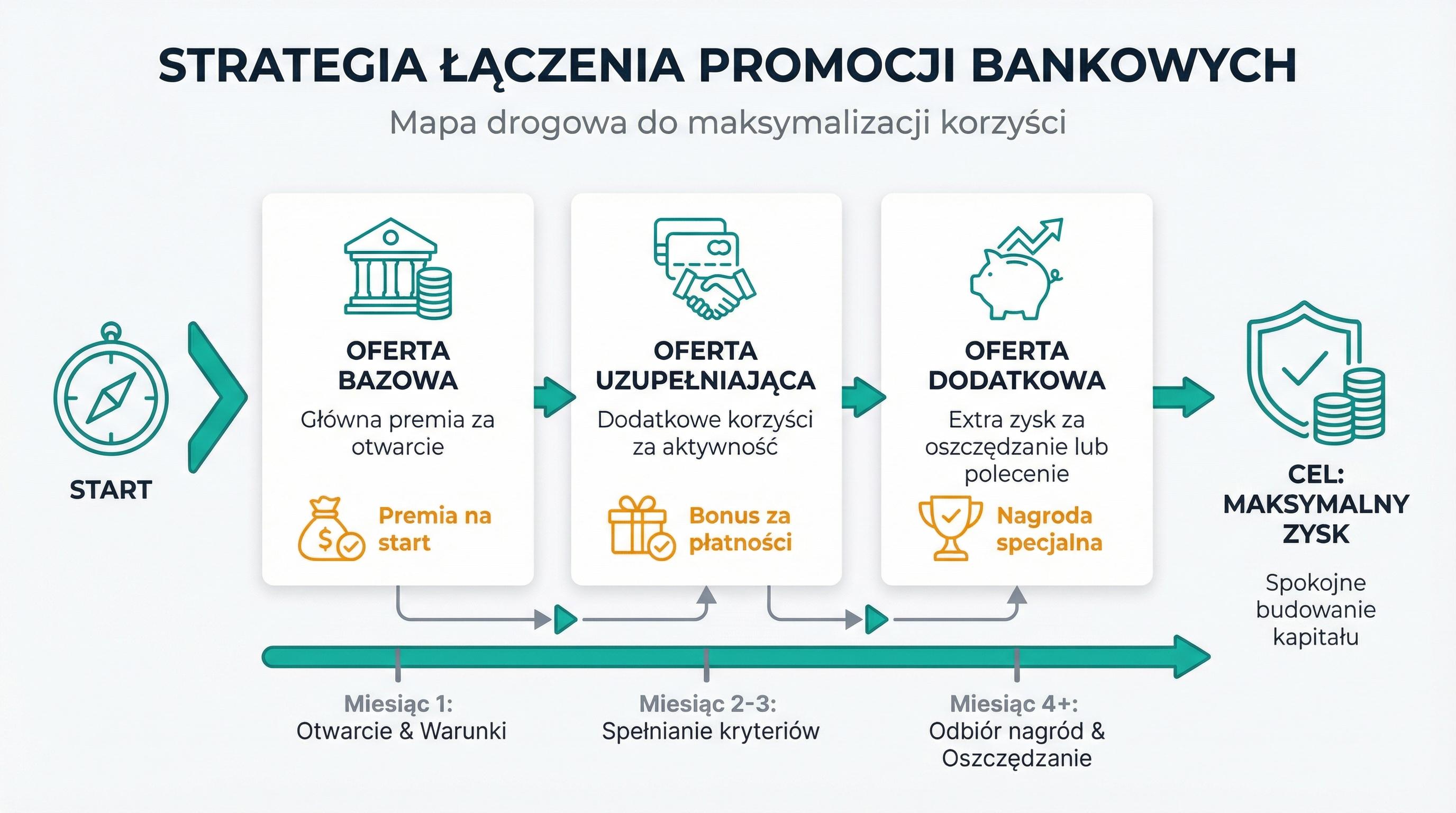 Wizualizacja planowania combo promocji bankowych z naciskiem na kolejność kroków.