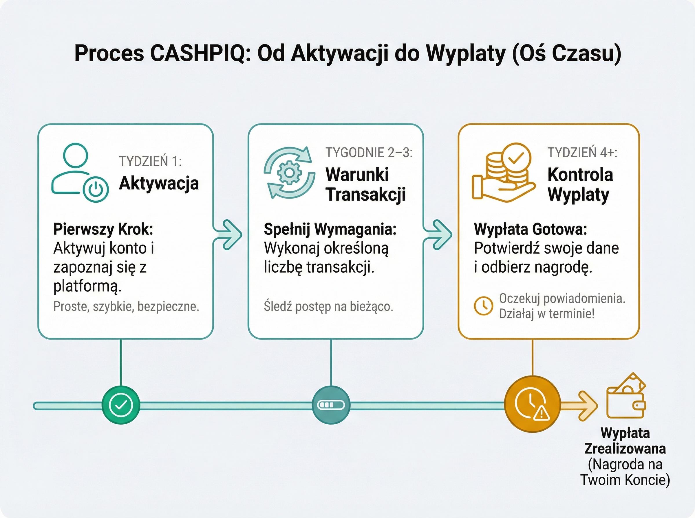 Poziomy timeline pokazuje tygodniowy plan realizacji combo: start, warunki, kontrola wyplaty.