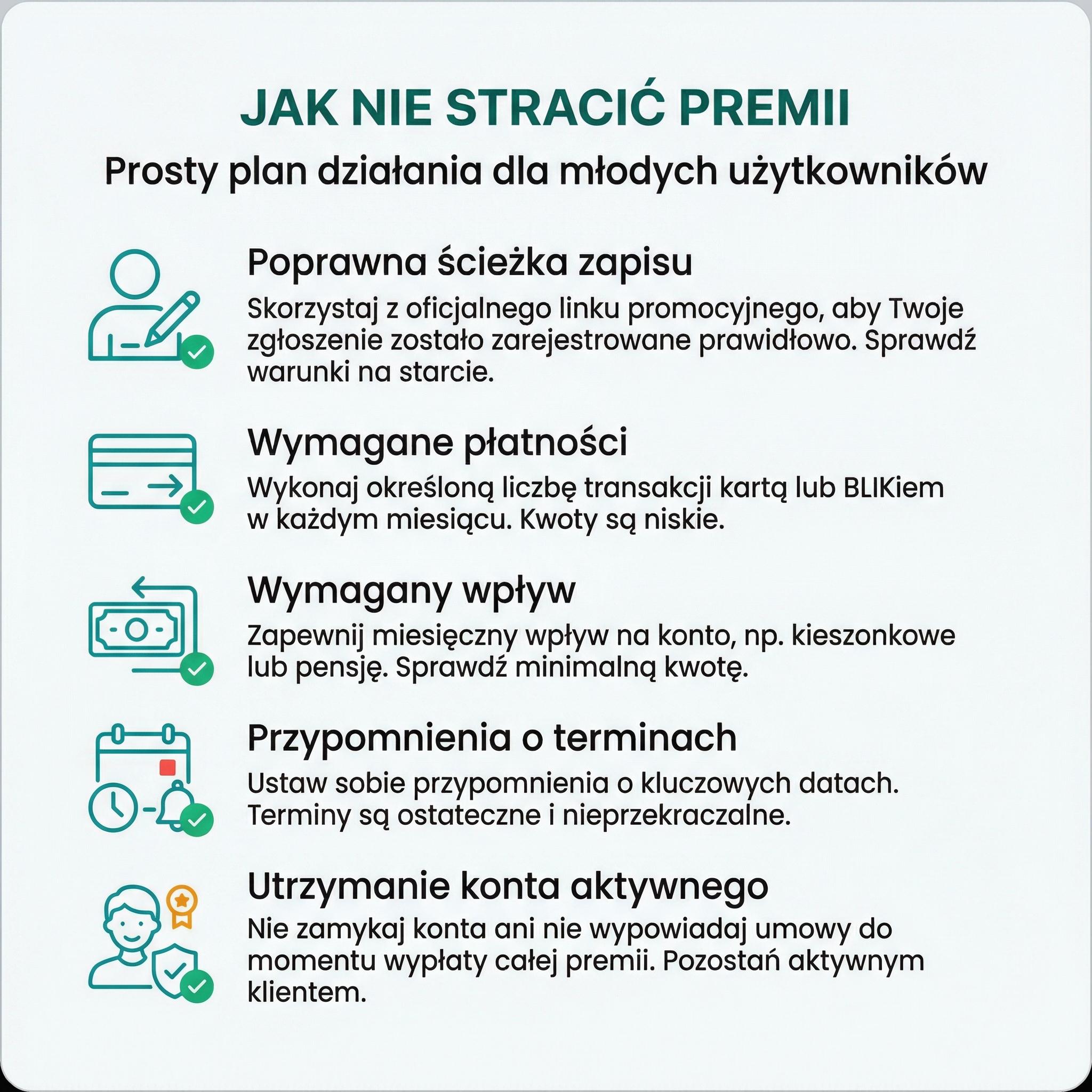 Checklista pomaga pilnowac warunkow i terminow, aby nie stracic premii.