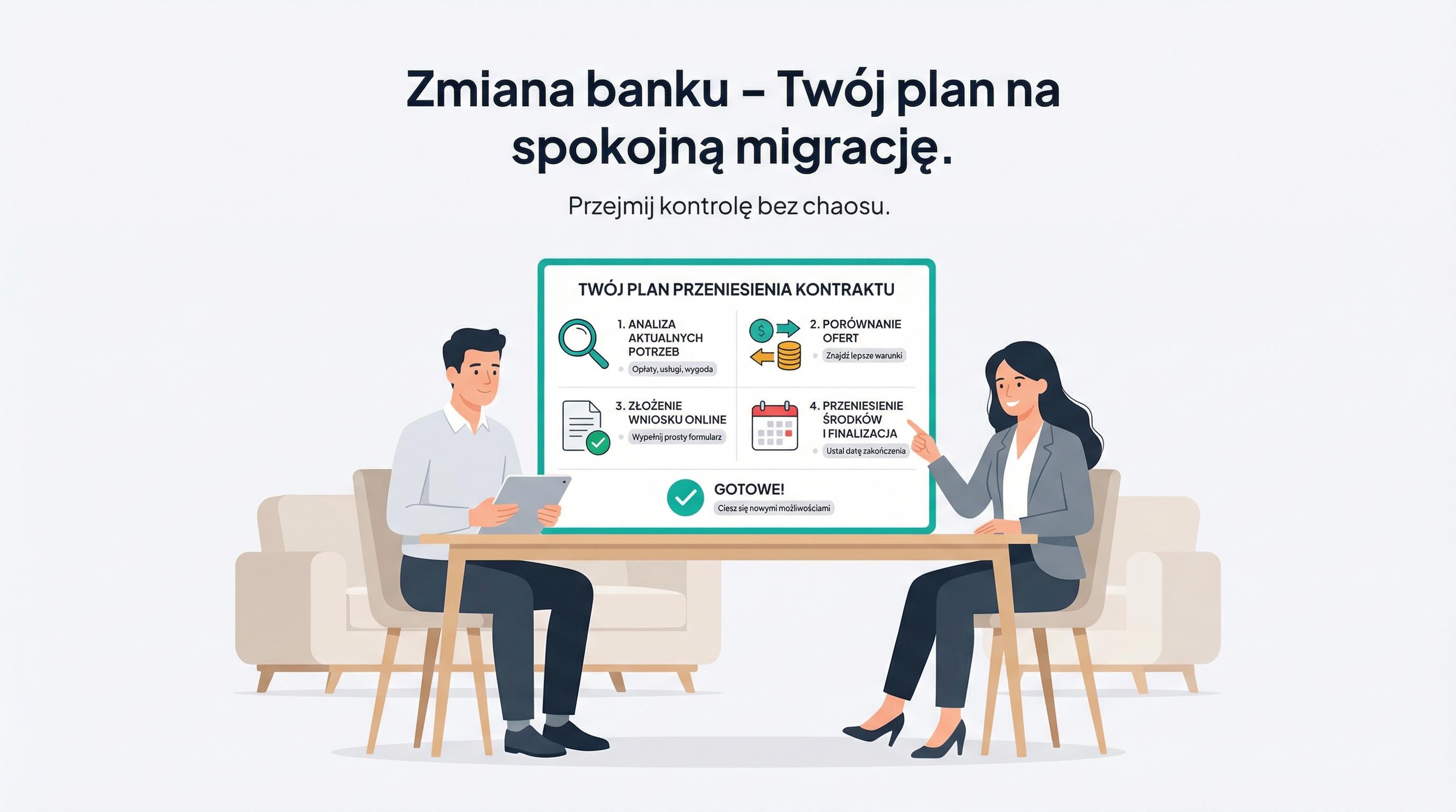 Para planuje spokojną zmianę banku z uporządkowaną listą kroków.