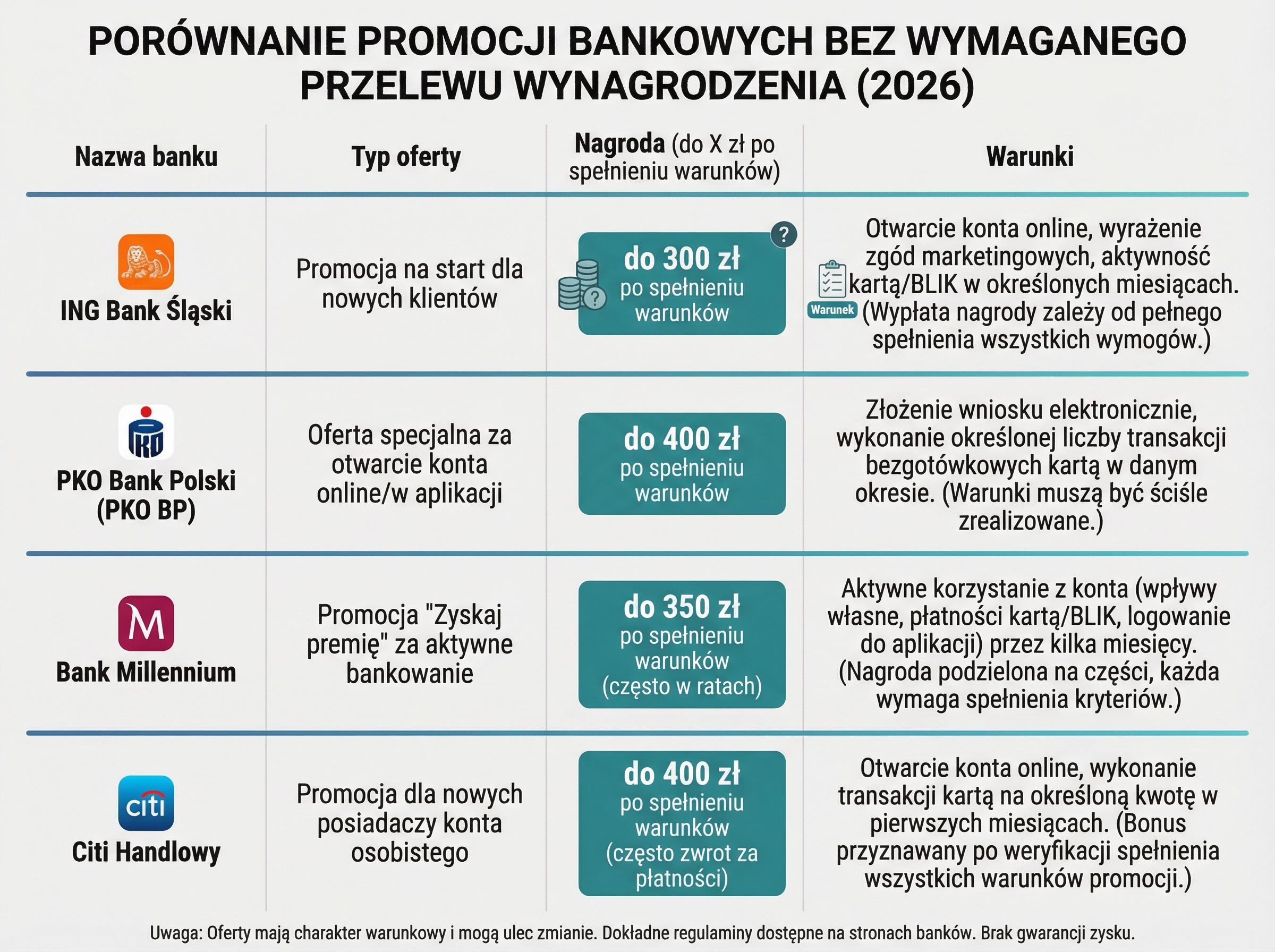 Tabela ofert bankowych: ING, PKO BP, Bank Millennium, Citi Handlowy — nagrody i warunki.