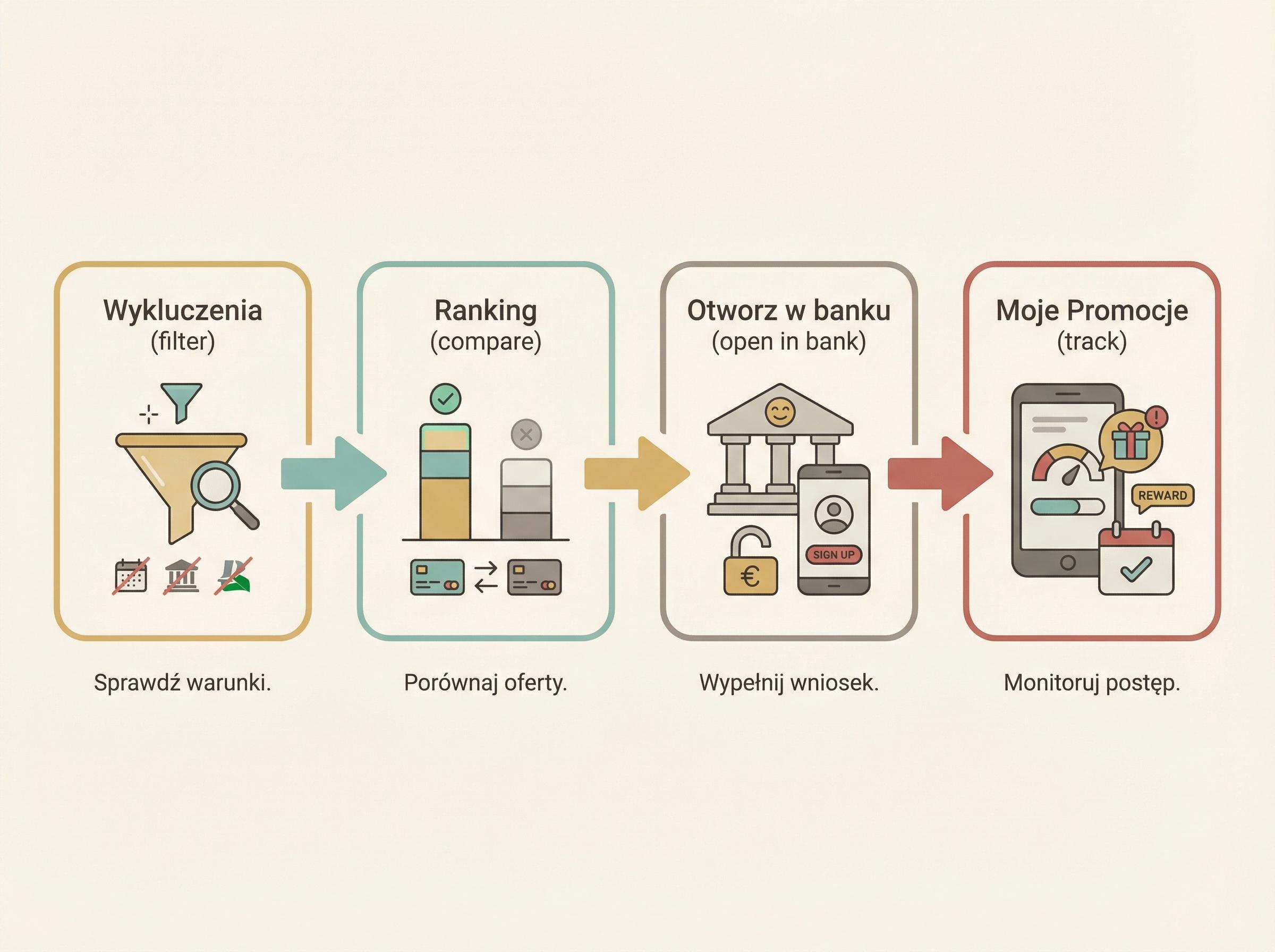 Schemat flow: Wykluczenia -> Ranking -> Otworz w banku -> Moje Promocje.