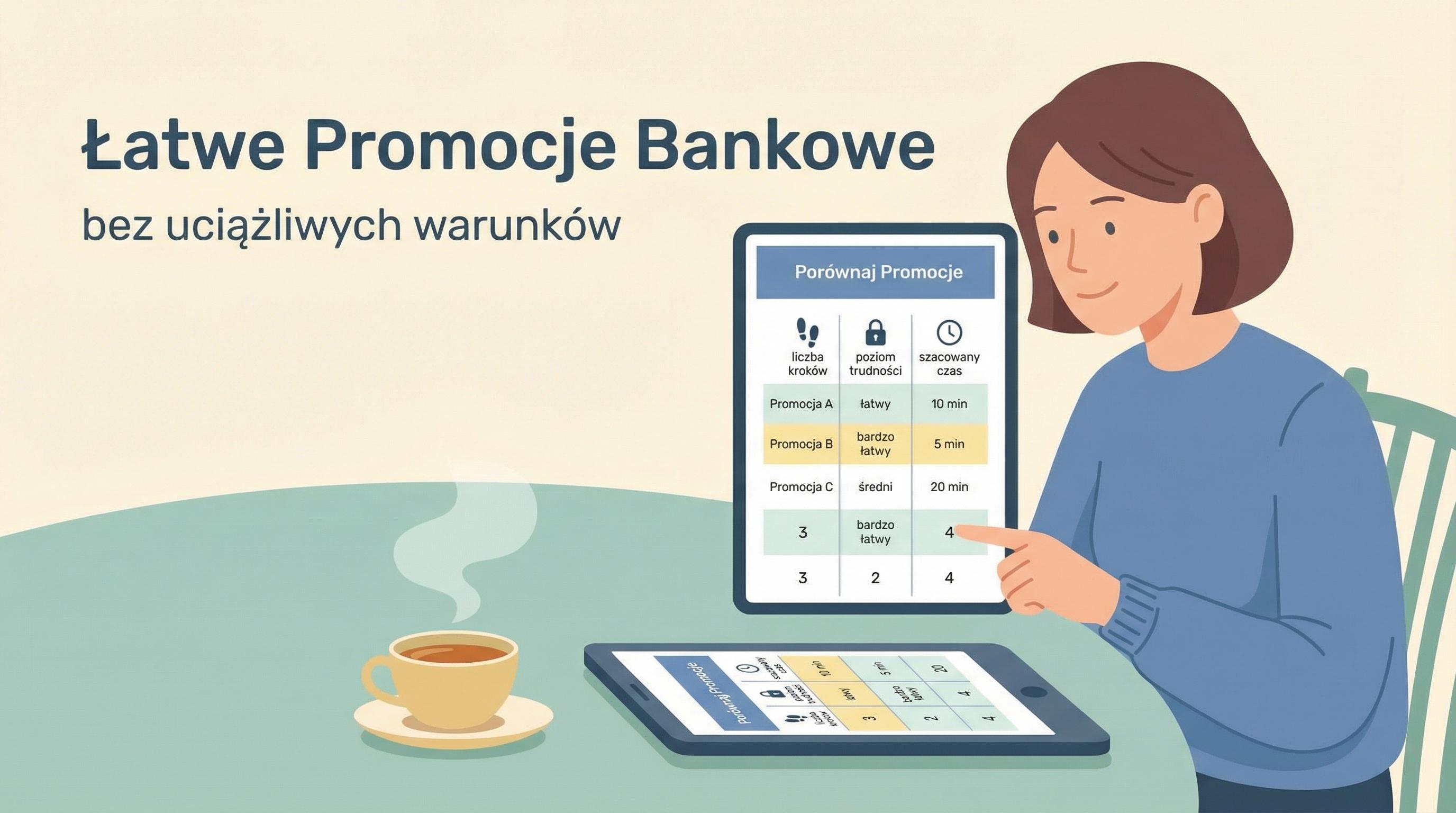 Zapracowana osoba porównuje promocje według łatwości realizacji.