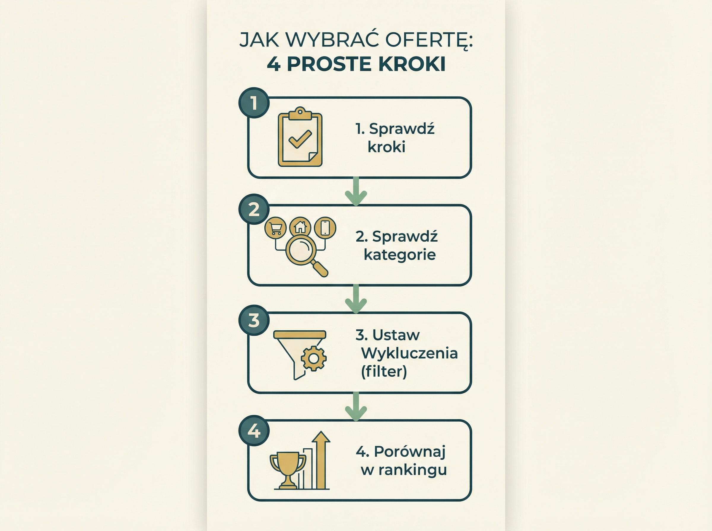4 kroki wyboru oferty z ikonami: sprawdz kroki, kategorie, Wykluczenia, porownaj.