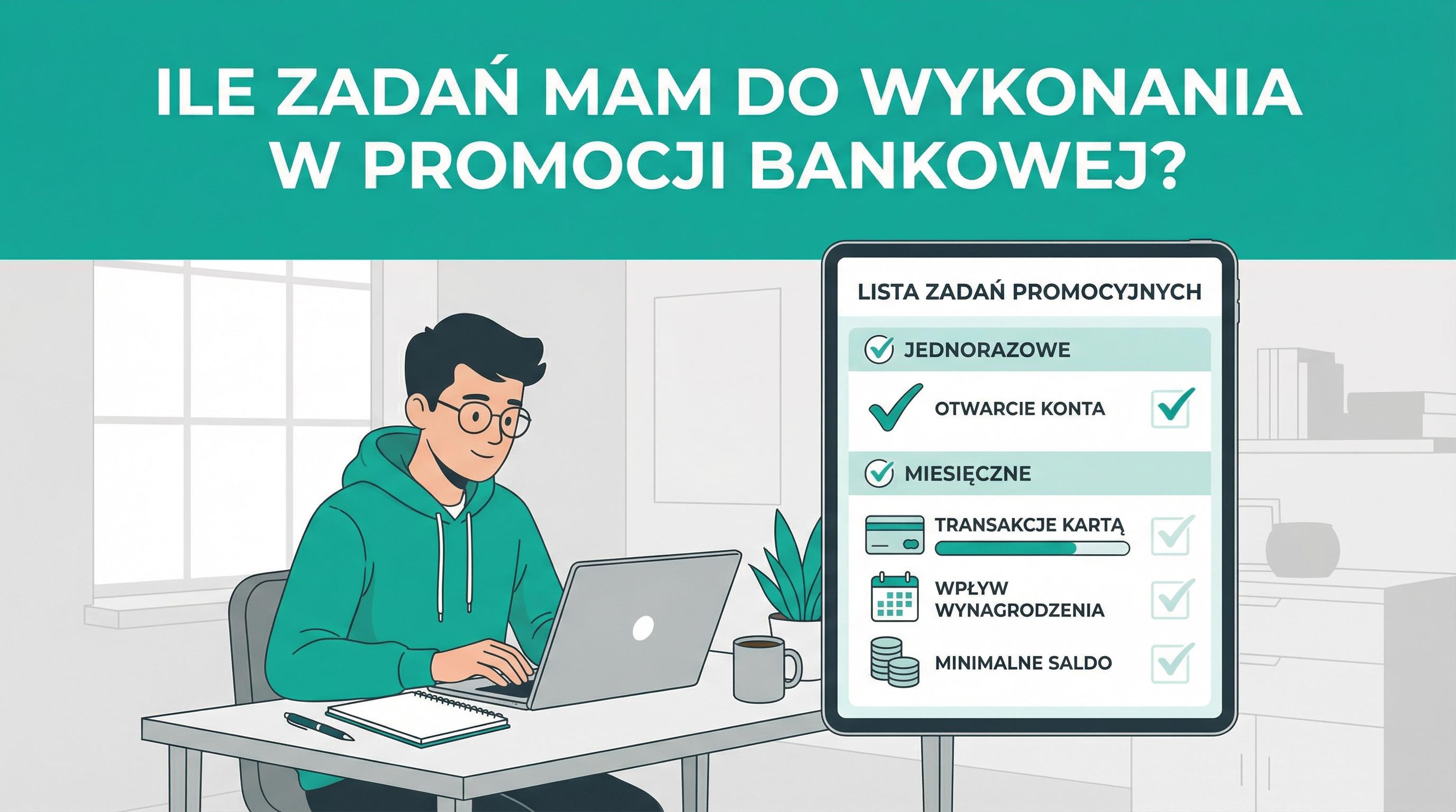 Student lub nowy użytkownik z listą zadań do wykonania w promocji bankowej.