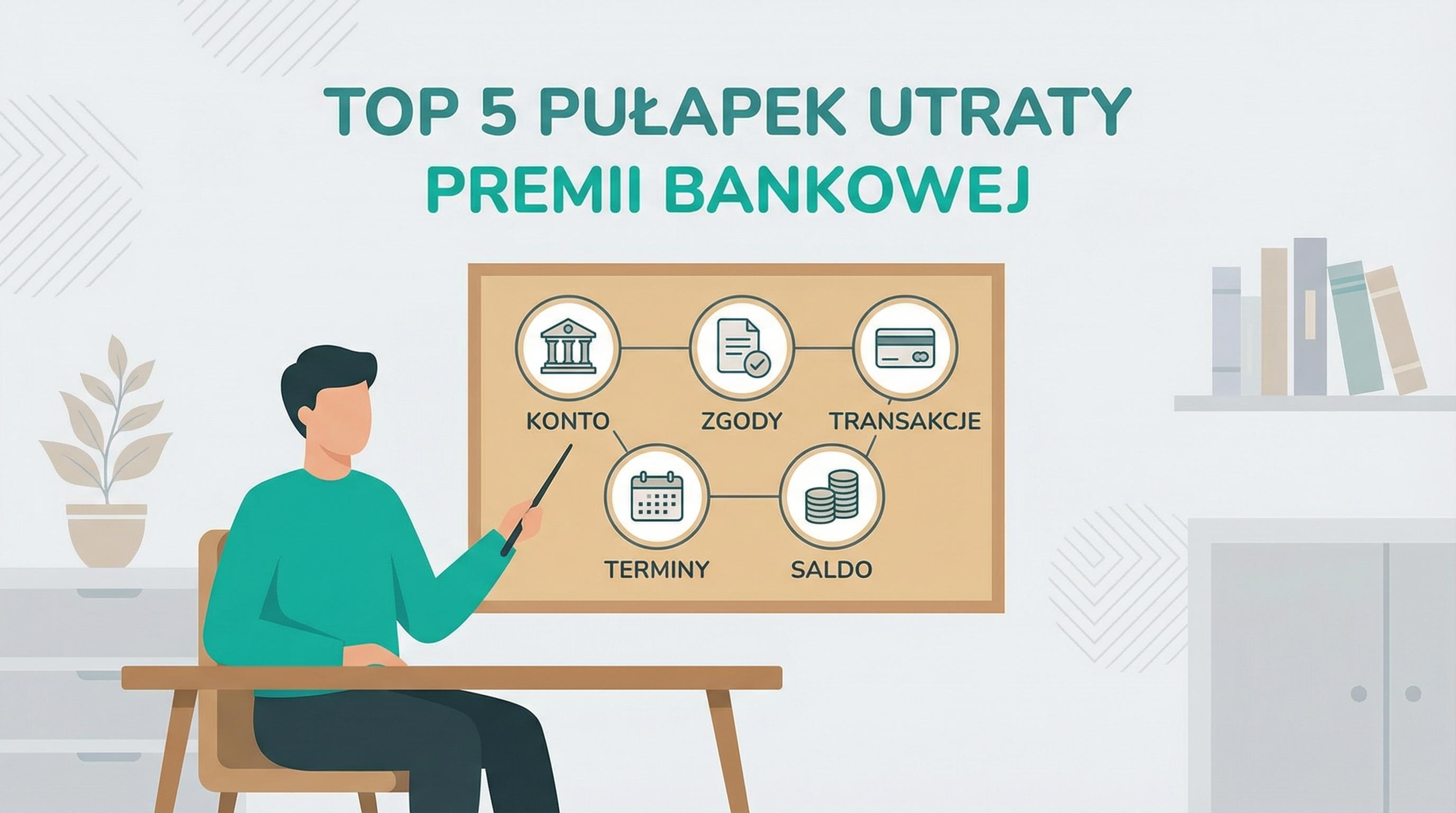 Osoba analizuje 5 najczęstszych pułapek utraty premii bankowej na czytelnej planszy.