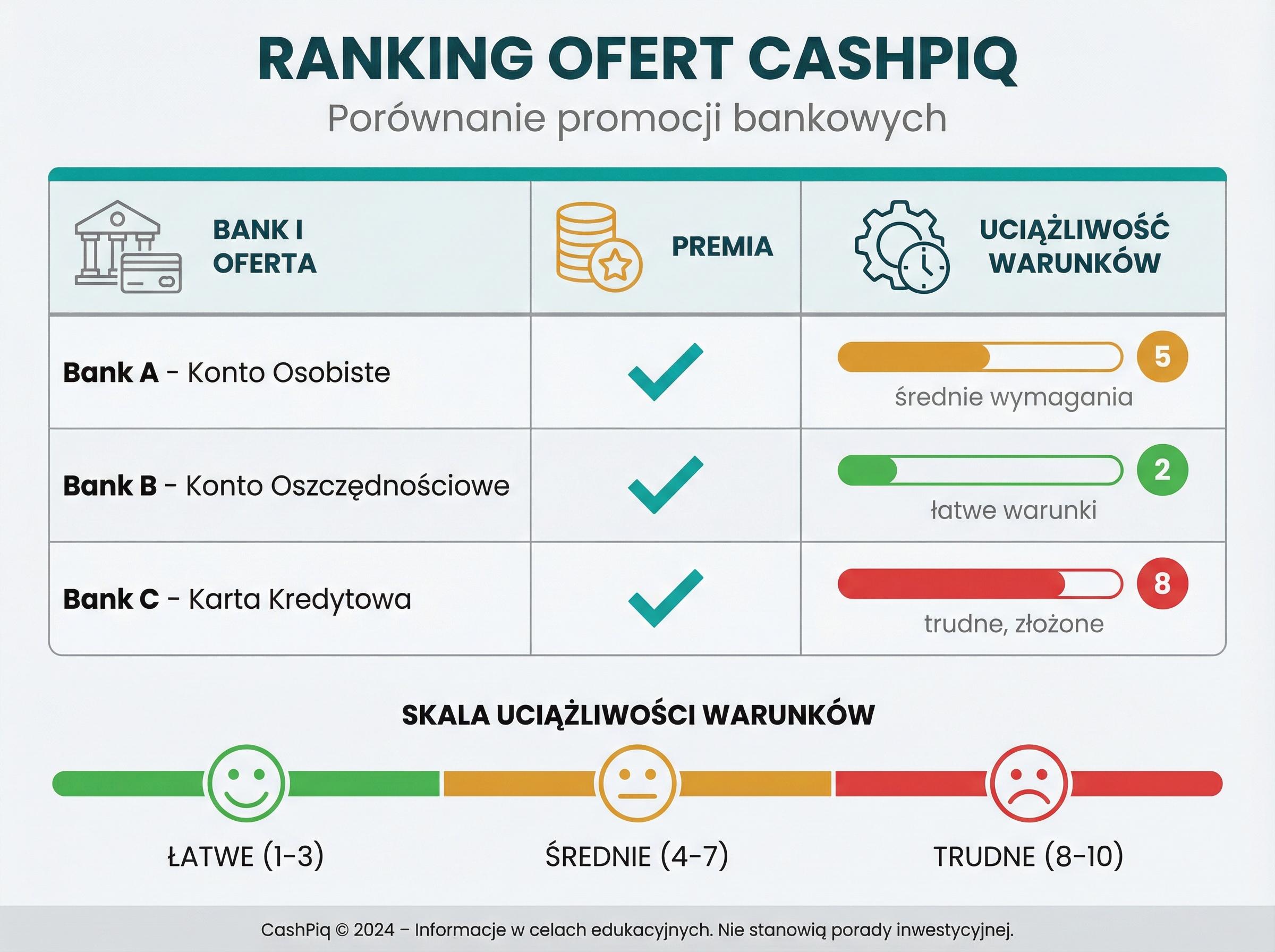 Infografika z tabelą porównawczą ofert bankowych — premia, warunki i poziom uciążliwości.