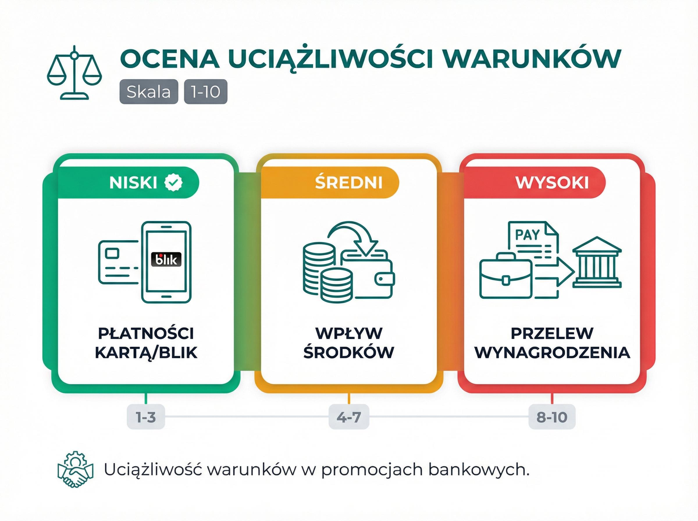 Wizualna skala uciążliwości warunków promocji bankowych — od łatwej do trudnej.