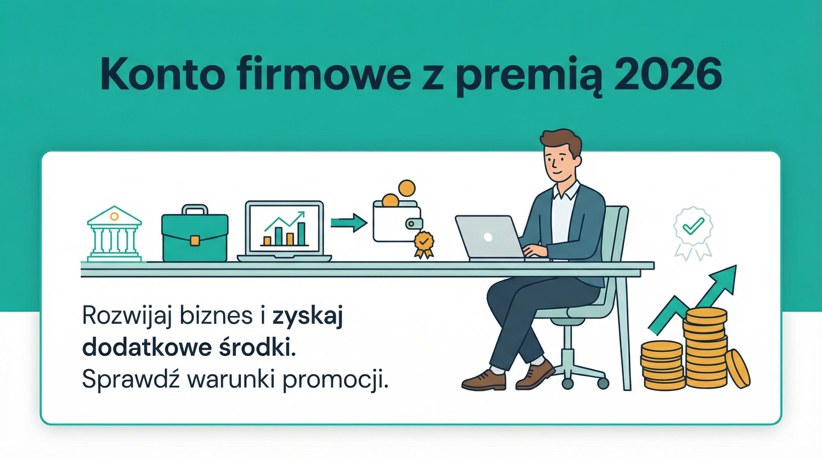 Przedsiębiorca analizuje oferty kont firmowych z premią startową — tealowe tło, ikonografika firmowa.