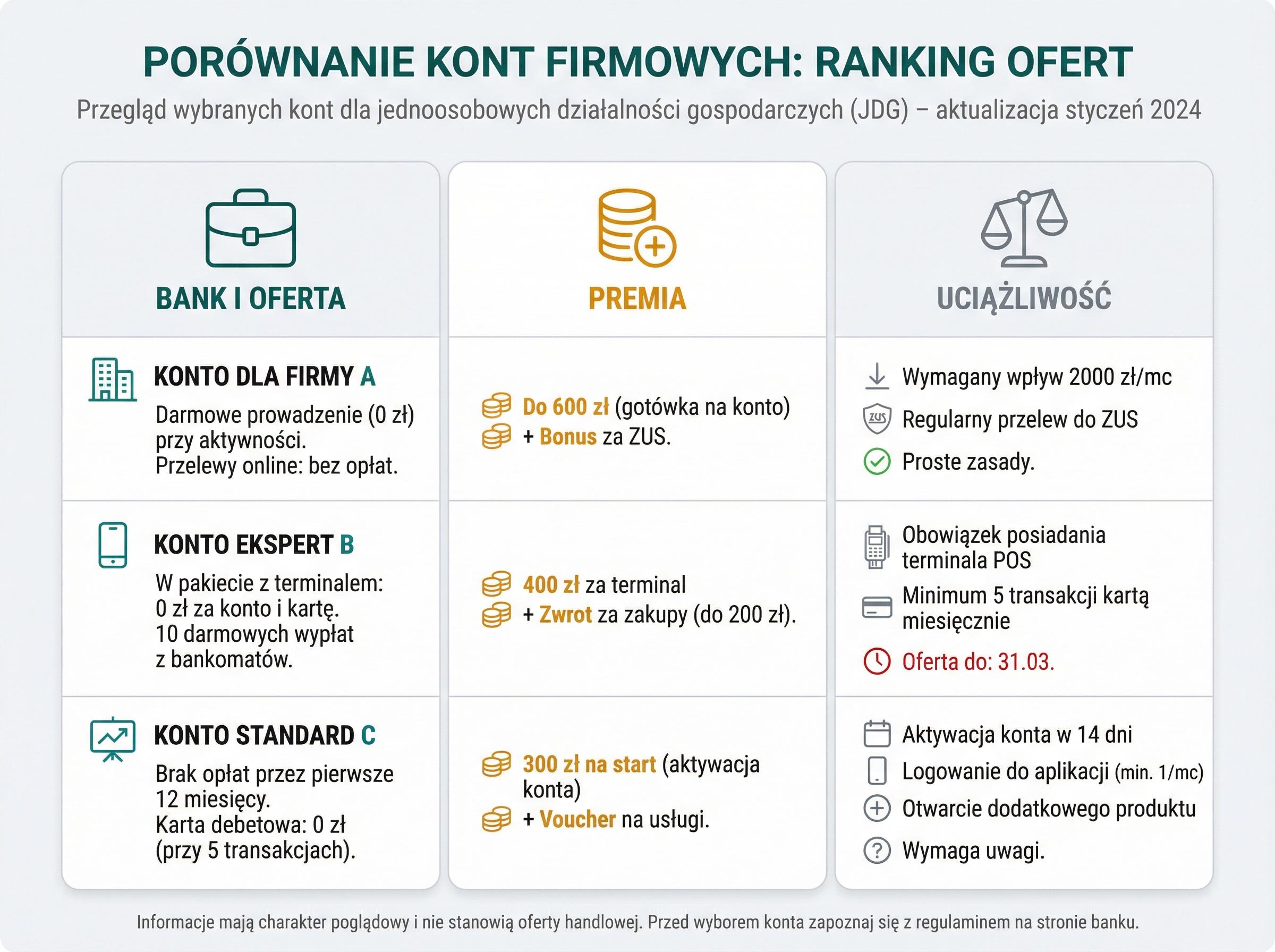 Tabela porównawcza TOP 7 kont firmowych z premią — bank, kwota premii, uciążliwość warunków.