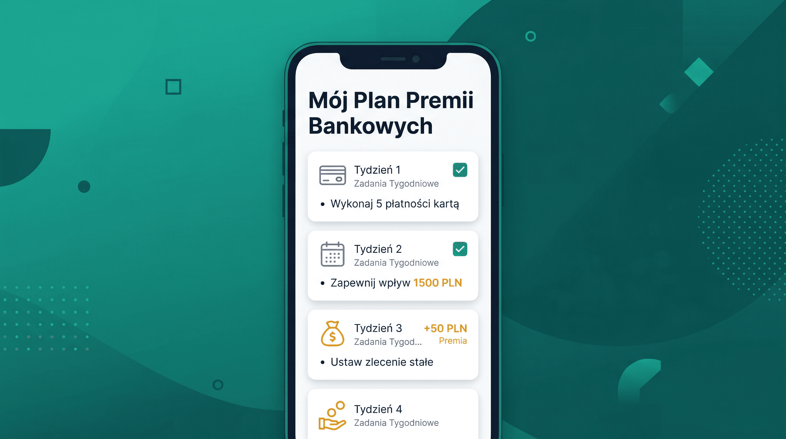 Kreator planu premii bankowych CashPiq — ekran z harmonogramem tygodniowym i listą kont do otwarcia.