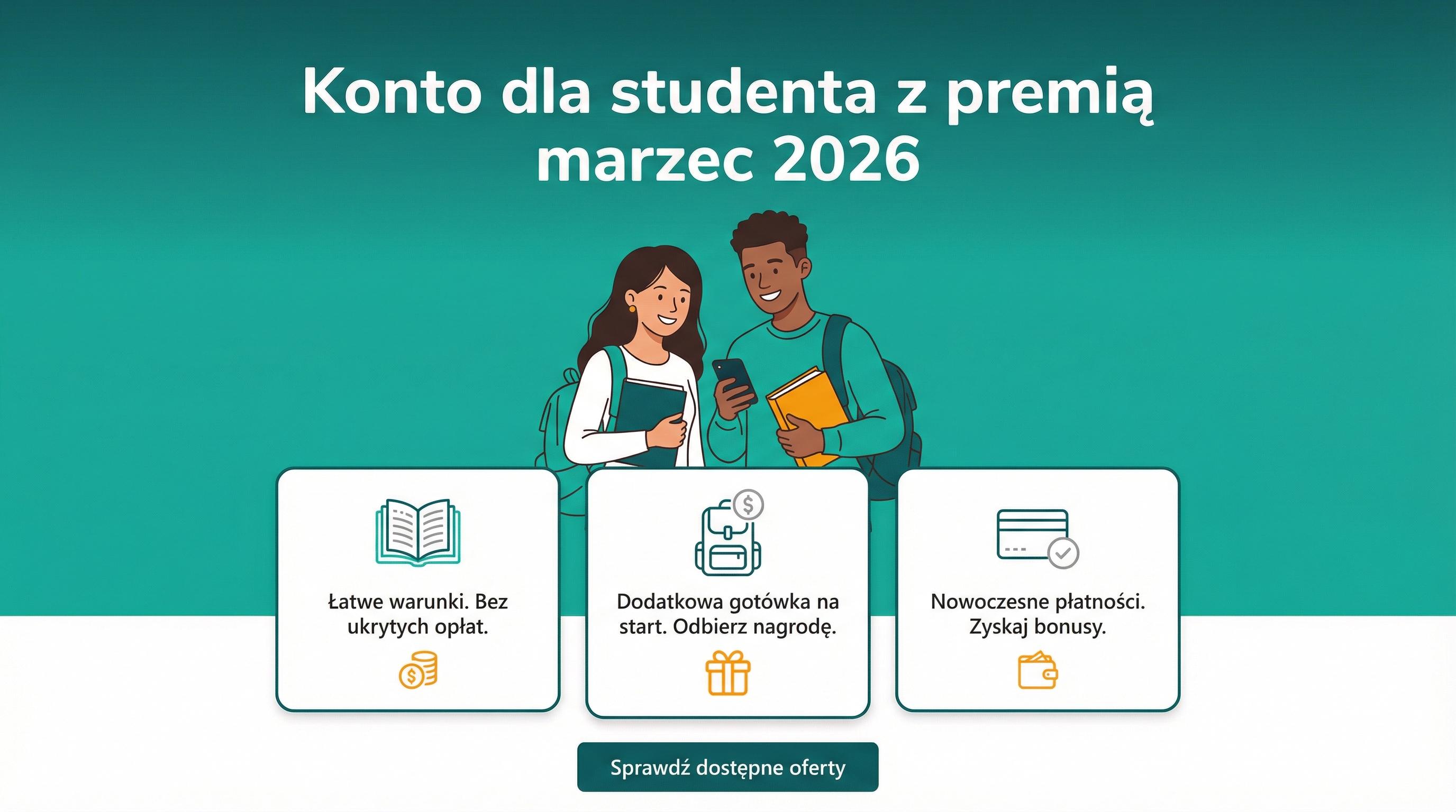 Student trzymający kartę bankową na tle ikon nagrody i kalendarza — promocje dla studenta marzec 2026.