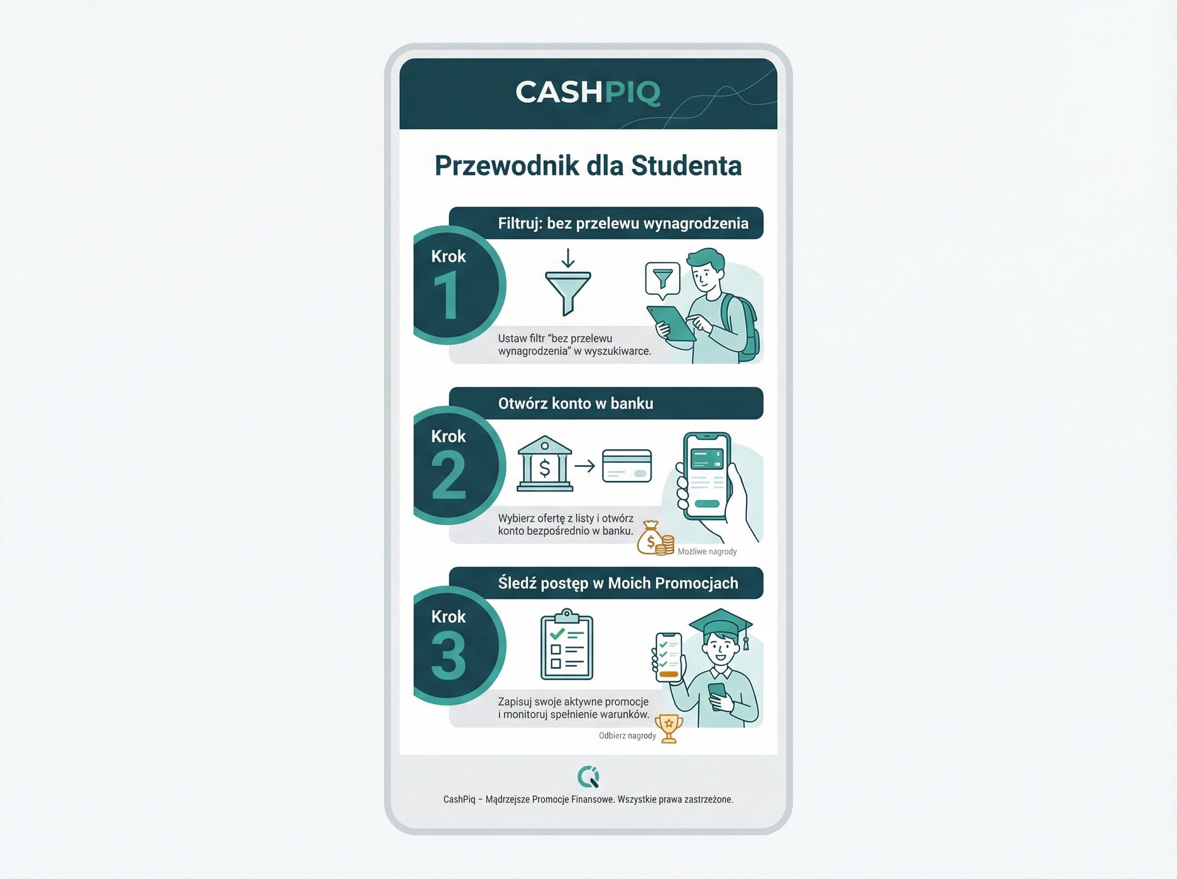 Trzy kroki jak student realizuje promocję bankową przez CashPiq — filtr, wybór, śledzenie.