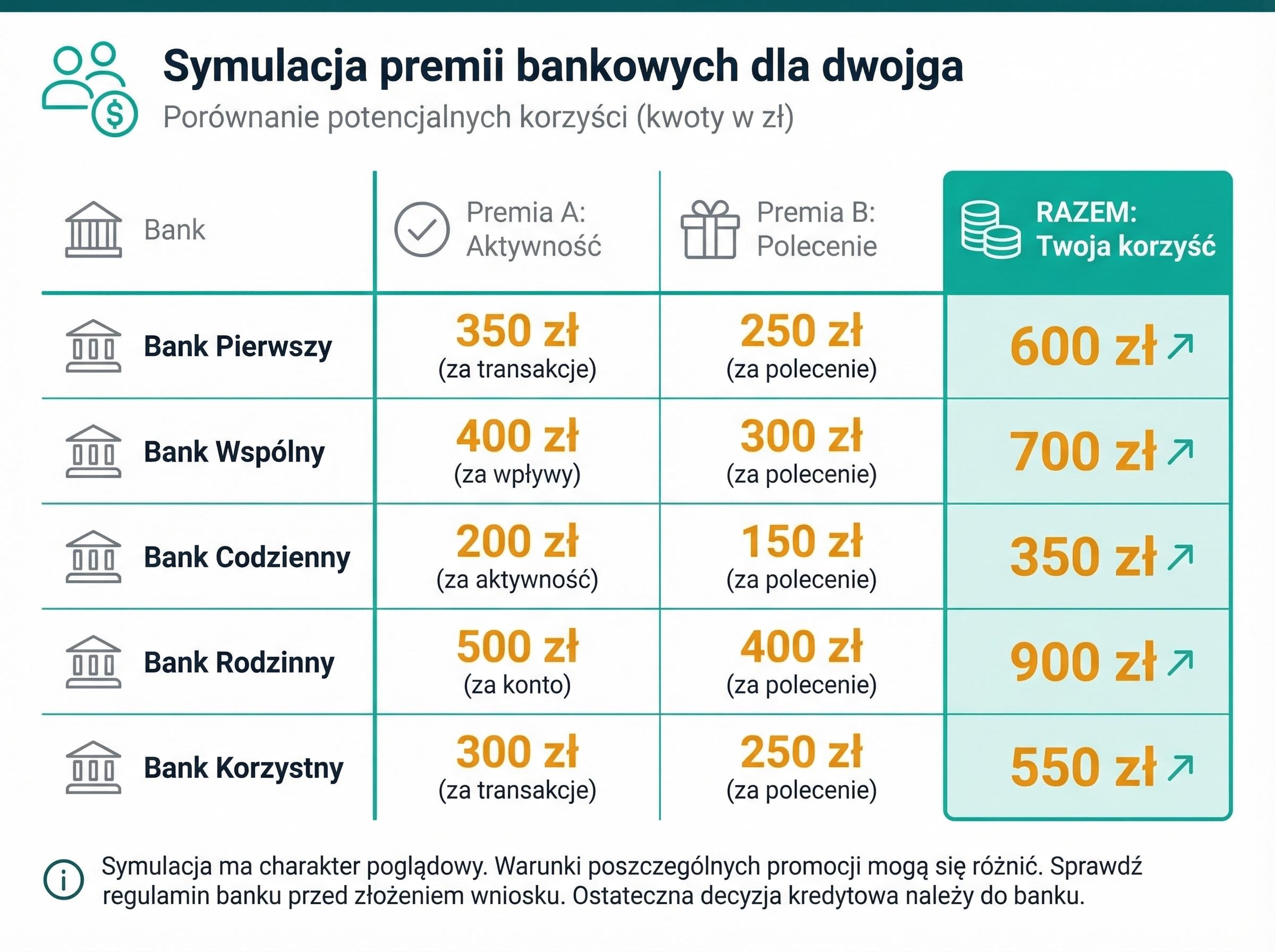 Tabela symulacji dla pary z pięcioma bankami i wyróżnioną kolumną łącznego wyniku.