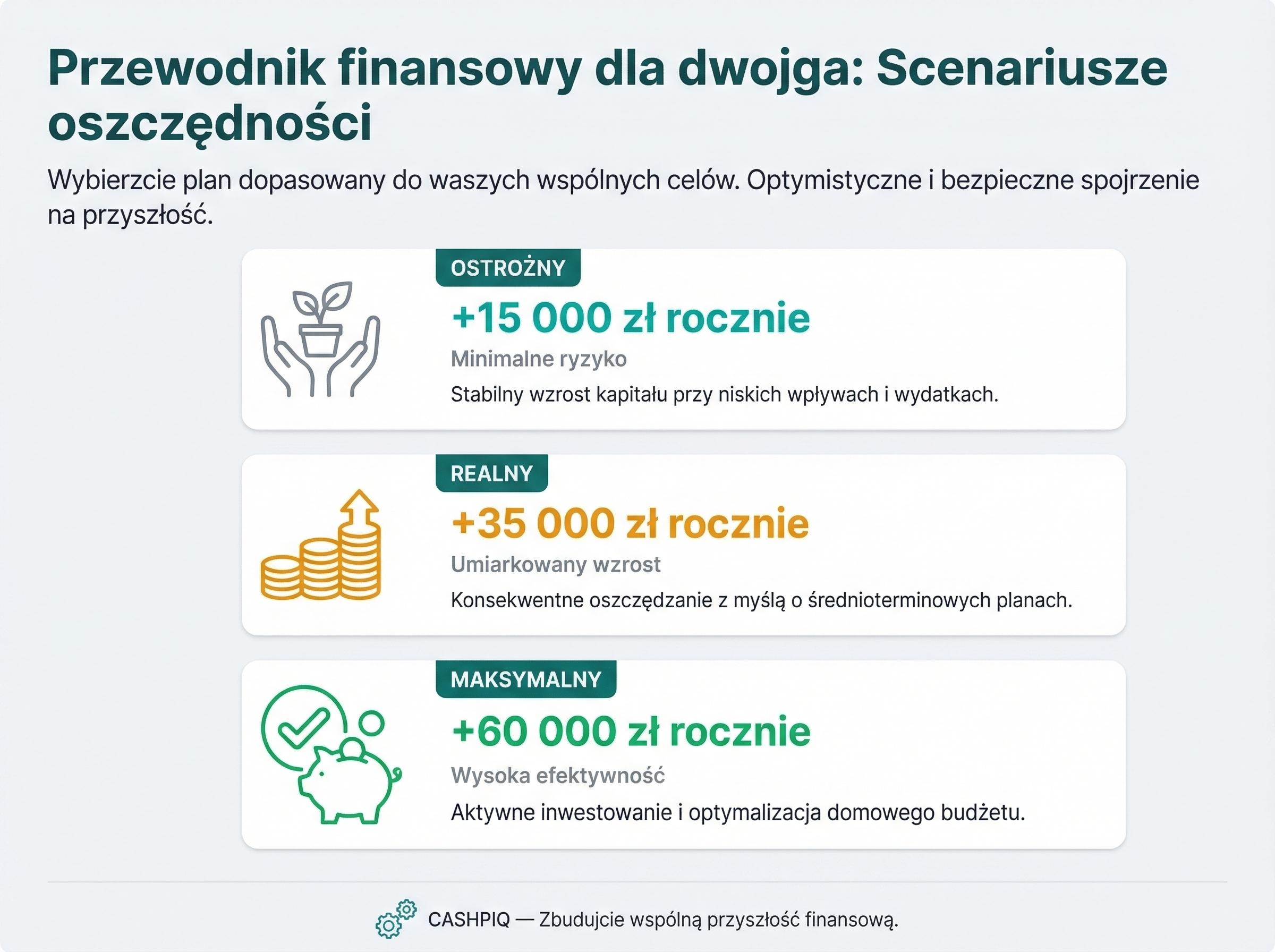Trzy scenariusze dla pary z kwotami: ostrożny, realny i maksymalny.