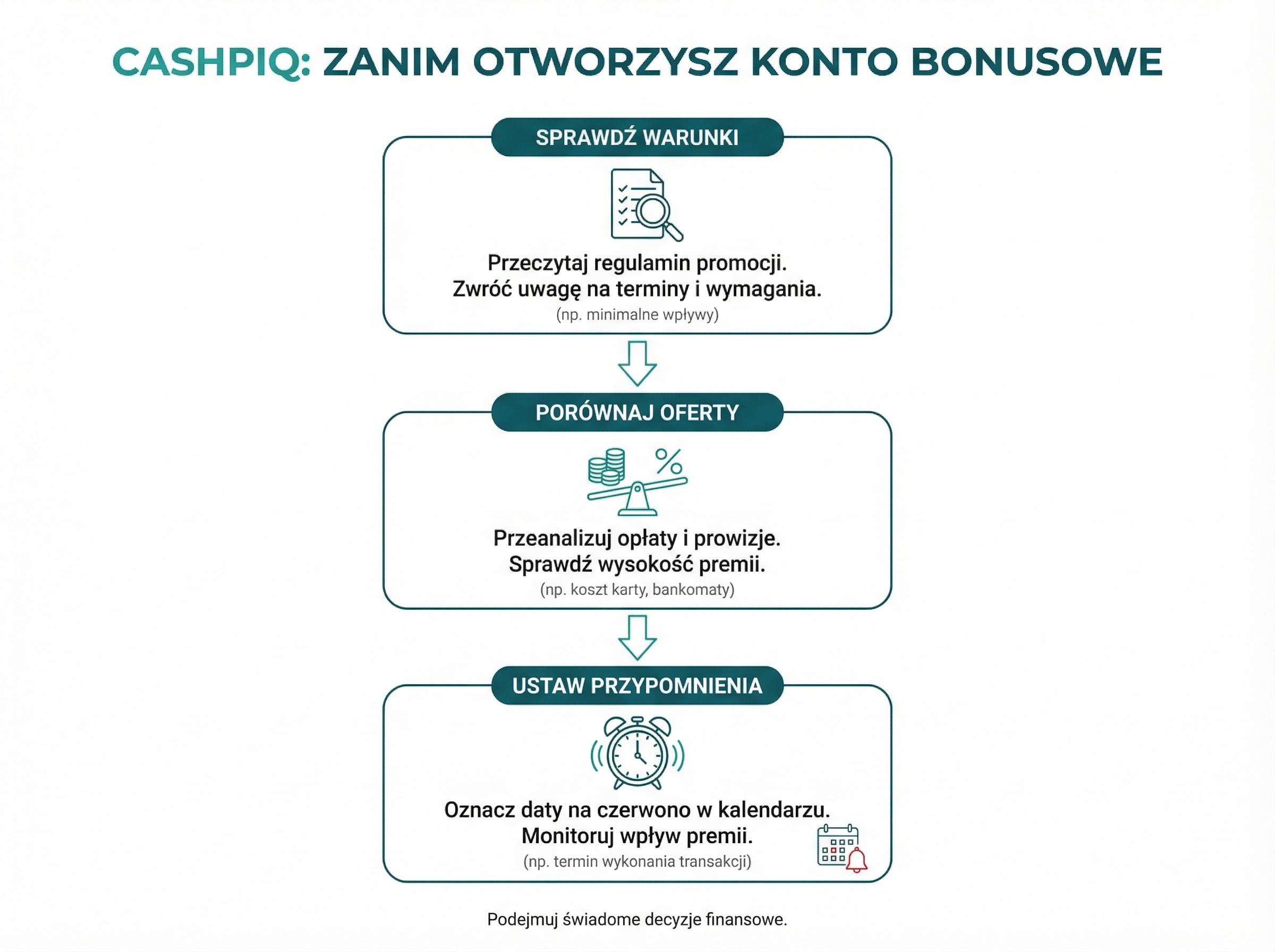 Schemat decyzji przed otwarciem konta na premię: sprawdź warunki, porównaj, ustaw przypomnienia.