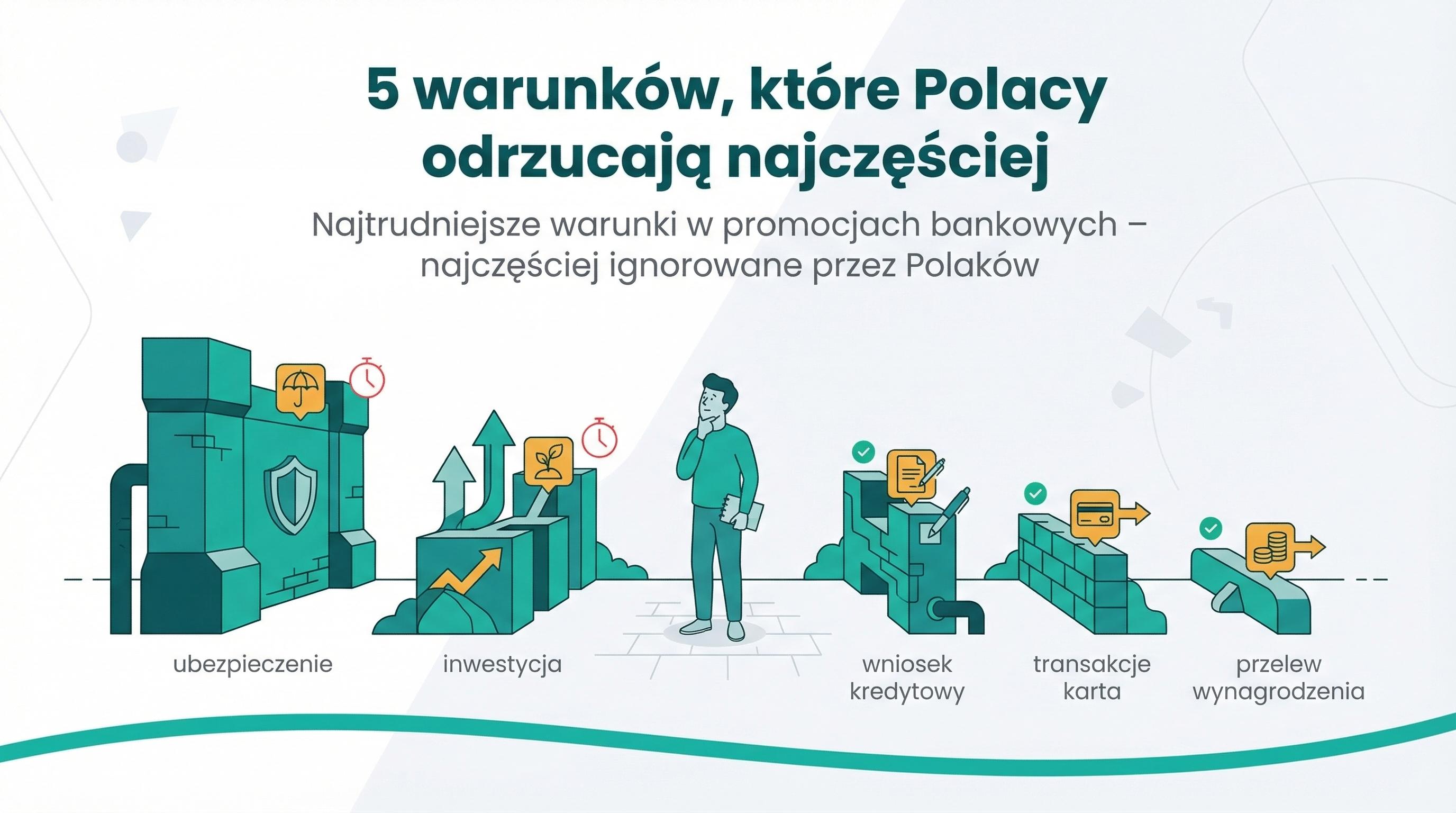 Ilustracja konceptualna: pięć przeszkód blokujących Polaków przed realizacją warunków promocji bankowych.