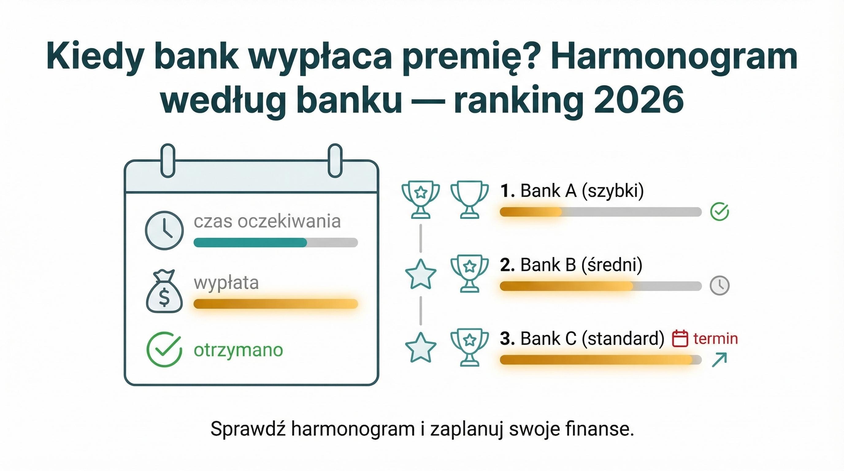 Harmonogram wypłaty premii bankowej z kalendarzem i rankingiem czasu oczekiwania.