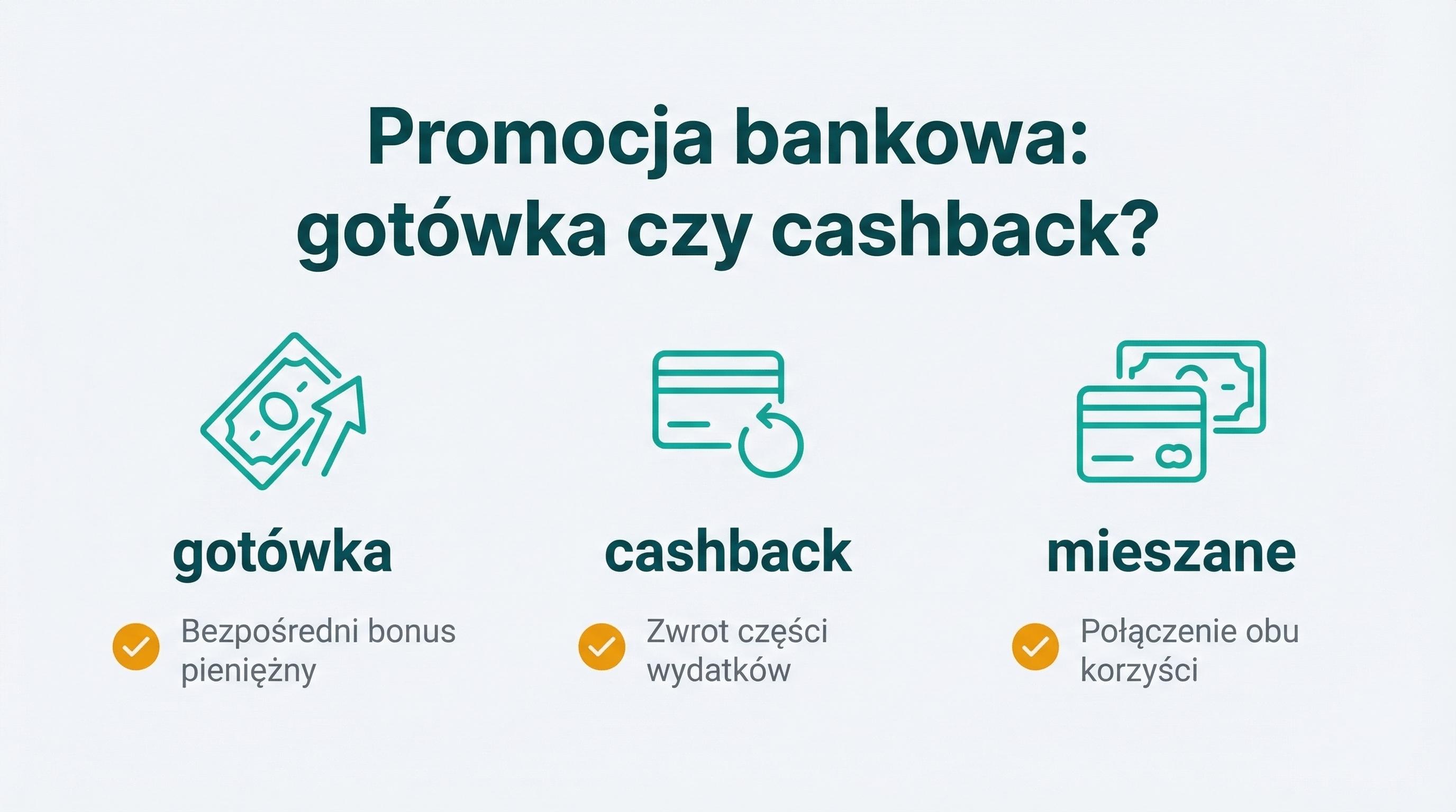 Porównanie trzech typów nagród w promocjach bankowych: cash, cashback i mixed.