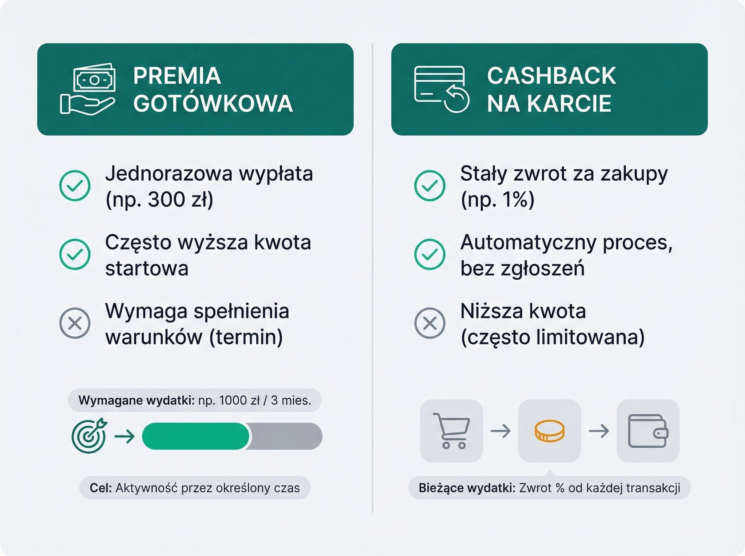 Dwupanelowe porównanie: premia gotówkowa na karcie kontra cashback zależny od wydatków.