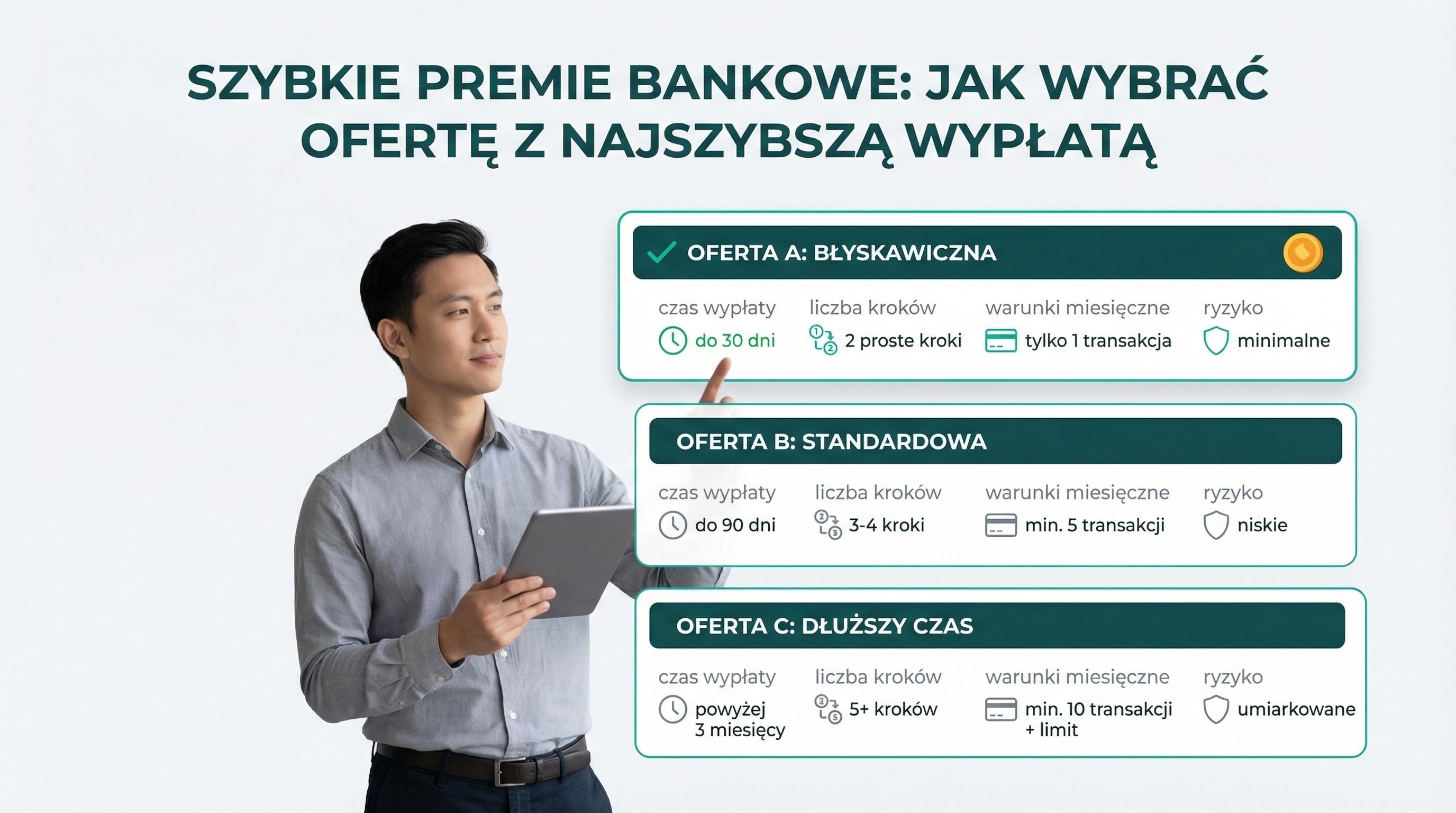 Infografika o wyborze promocji bankowej z szybkim terminem wypłaty premii.