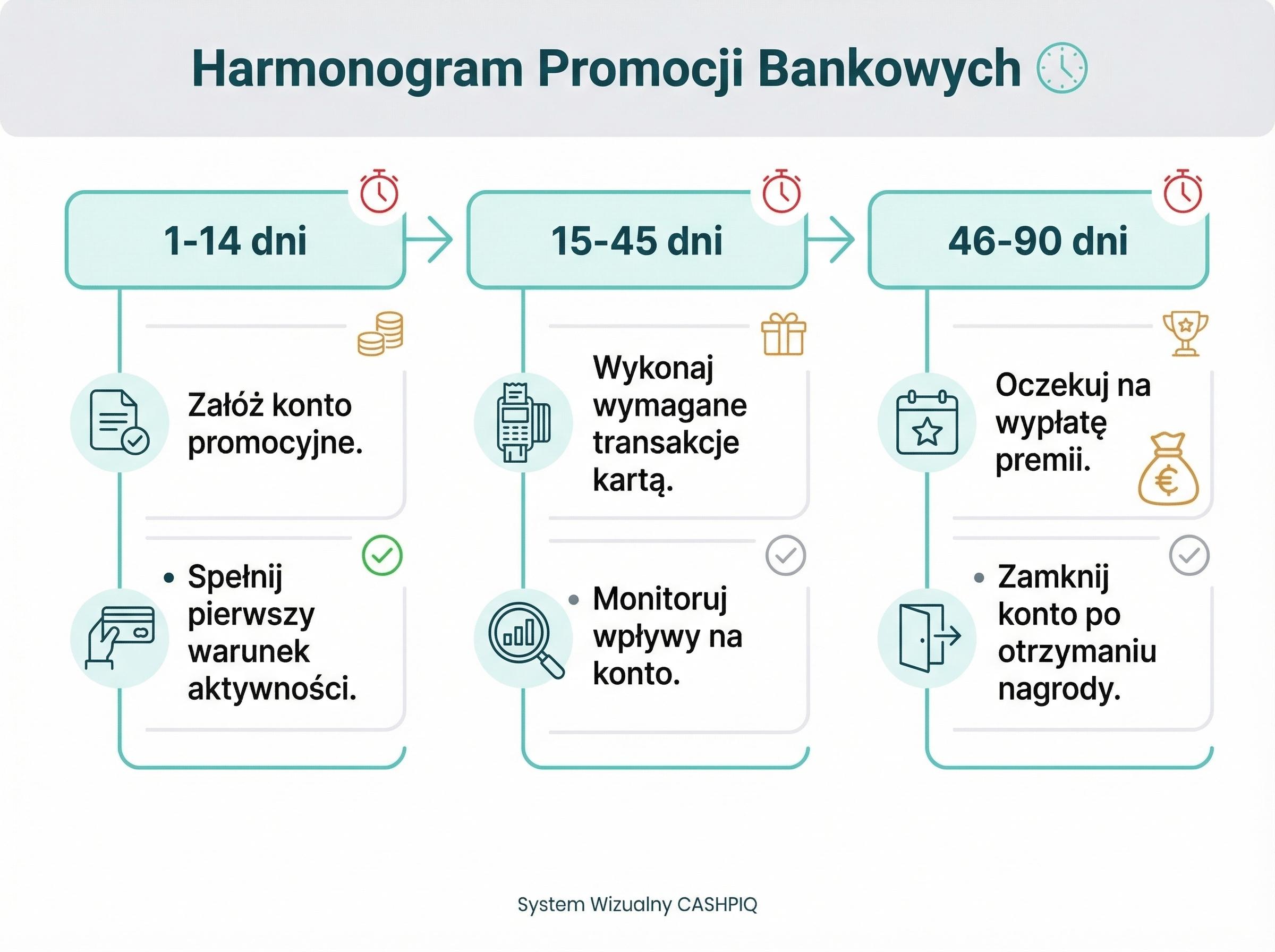 Oś czasu 90-dniowego planu realizacji premii bankowych.