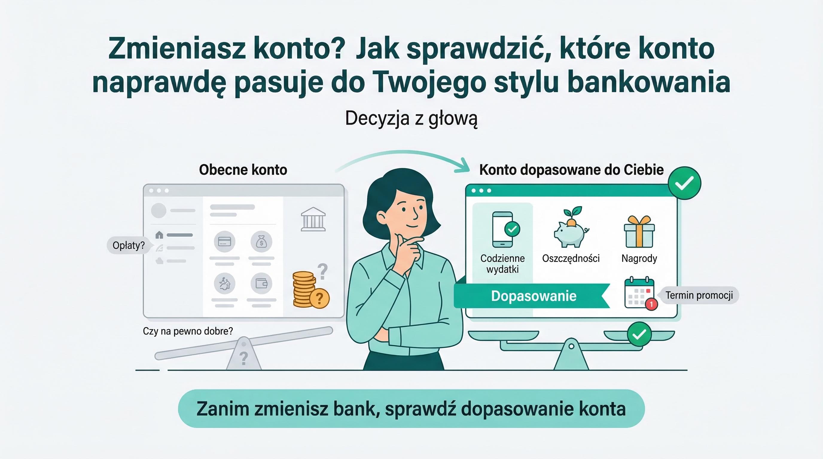 Grafika o sprawdzaniu dopasowania konta przed zmianą banku.