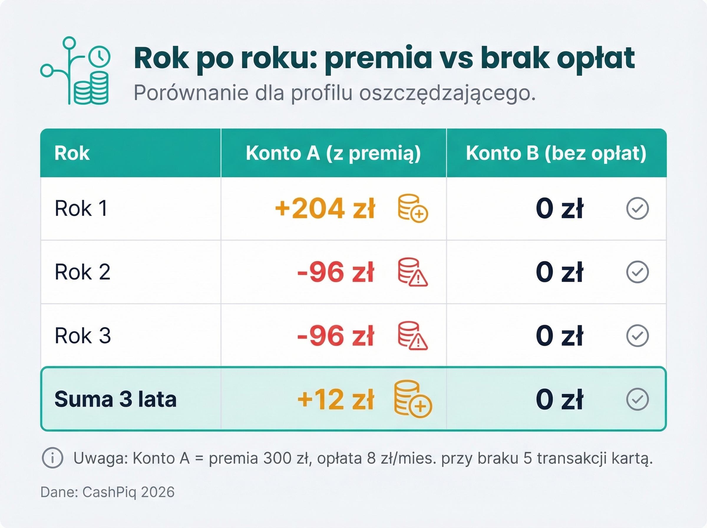 Tabela porównująca wyniki konta z premią i konta bez opłat przez 3 lata dla oszczędzającego.