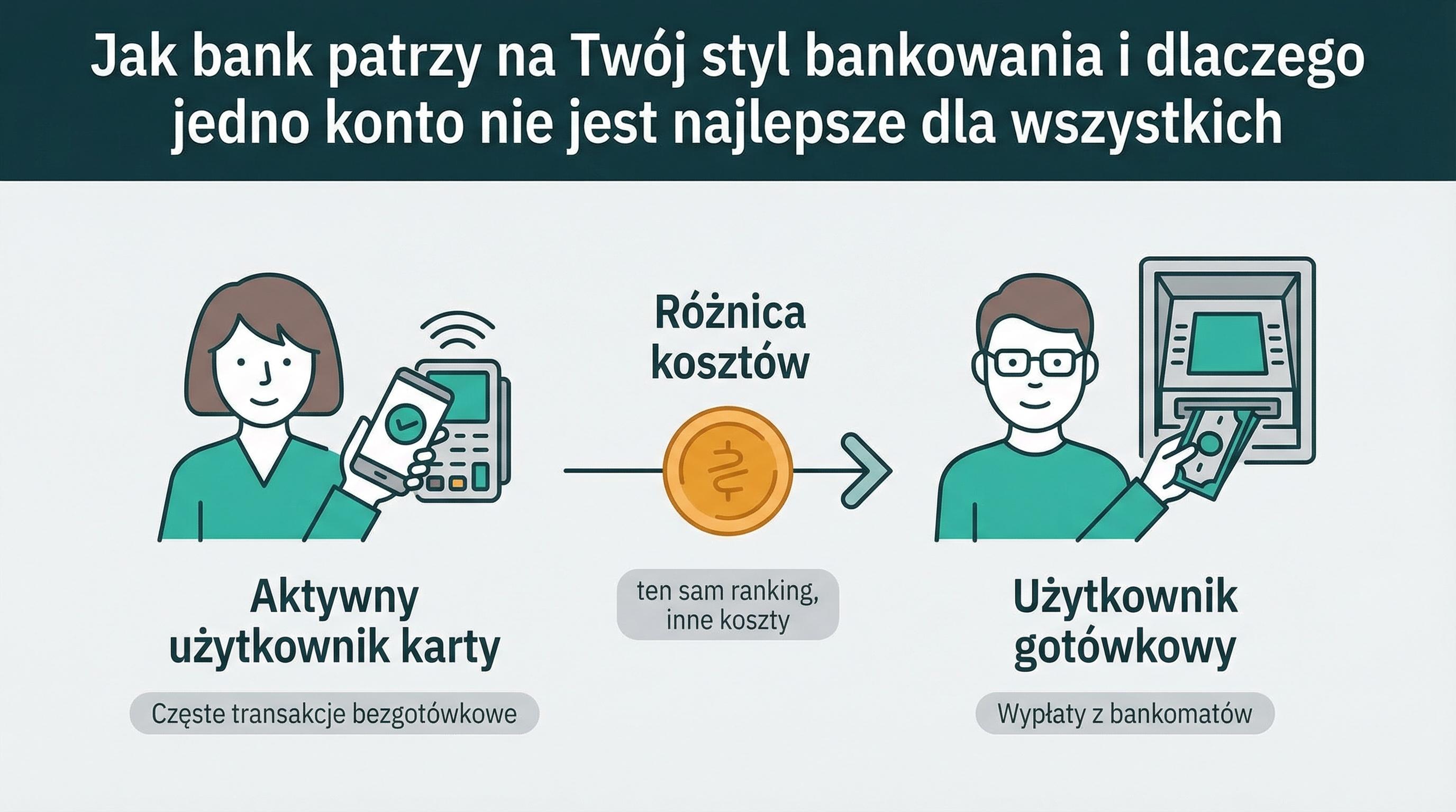 Infografika pokazująca, że styl bankowania wpływa na koszt konta — dwa profile, różne koszty roczne.