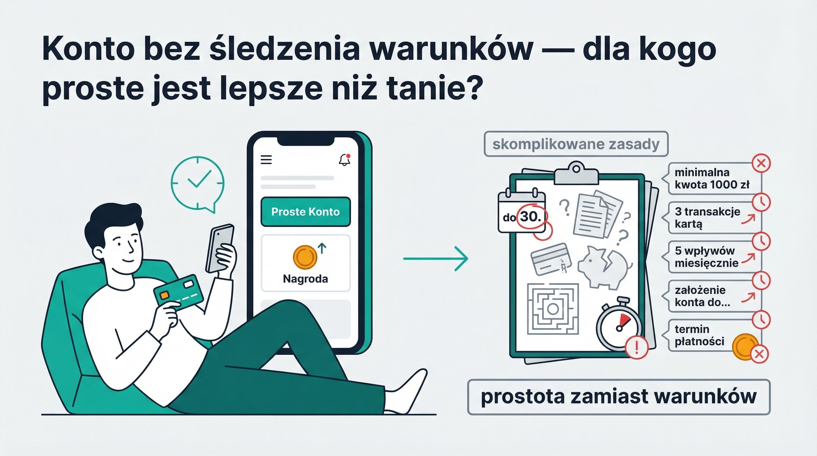 Grafika ilustrująca wybór konta prostego zamiast skomplikowanego z wieloma warunkami.