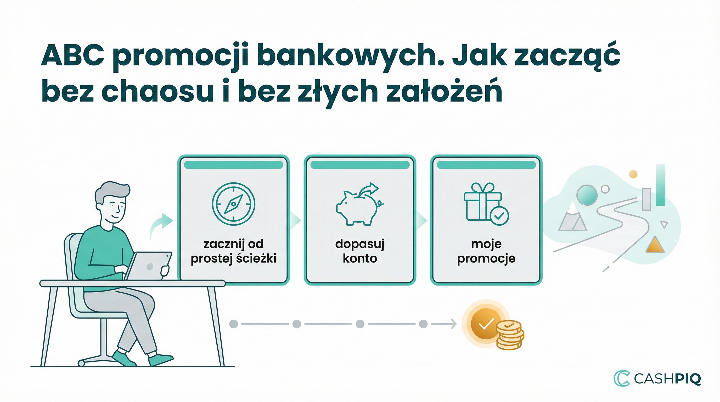 Grafika dla początkującej osoby, która wybiera pierwszą rozsądną ścieżkę wejścia w promocje bankowe bez chaosu.