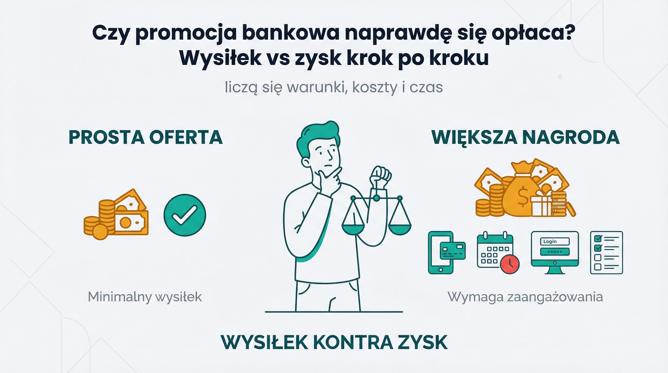 Grafika pokazująca spokojne porównanie wysiłku i zysku przy ocenie promocji bankowej.