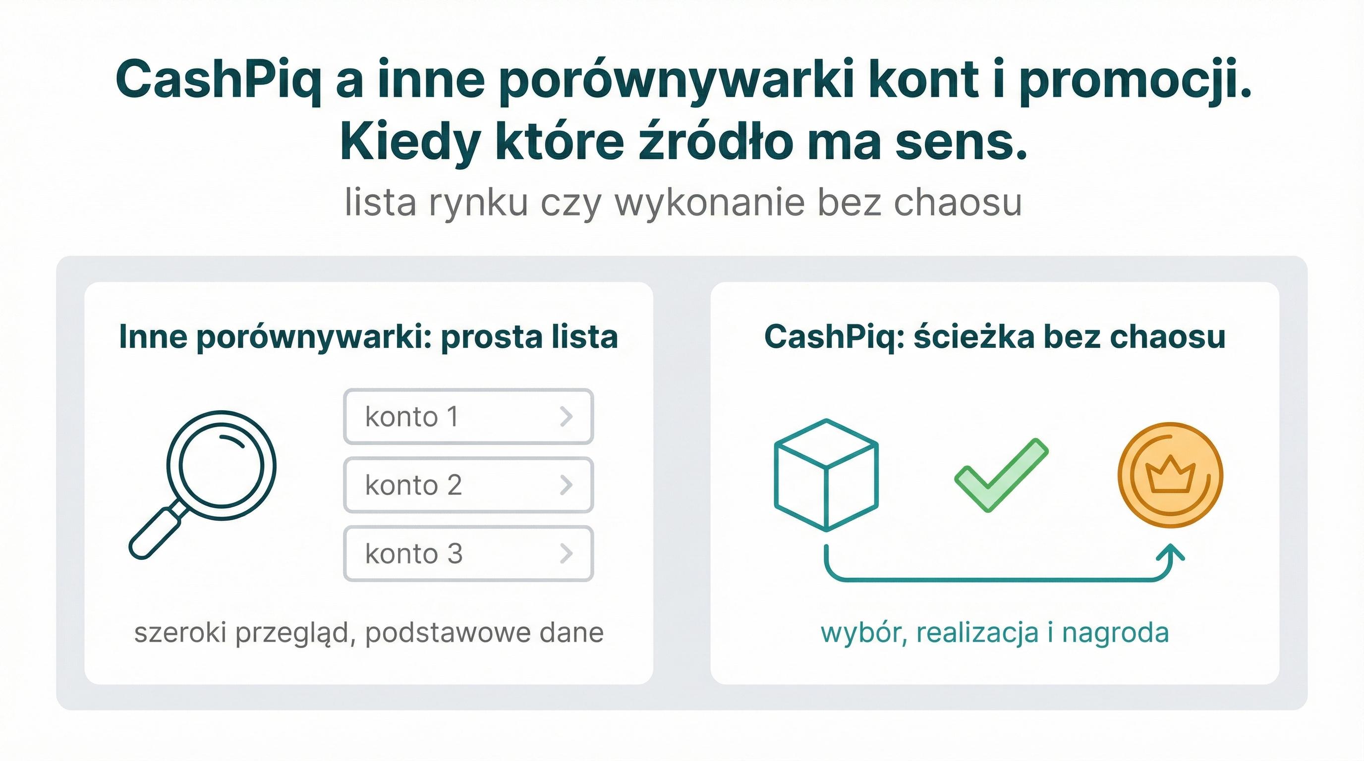 Grafika pokazująca różnicę między zwykłą porównywarką a ścieżką wyboru i wykonania w CashPiq.