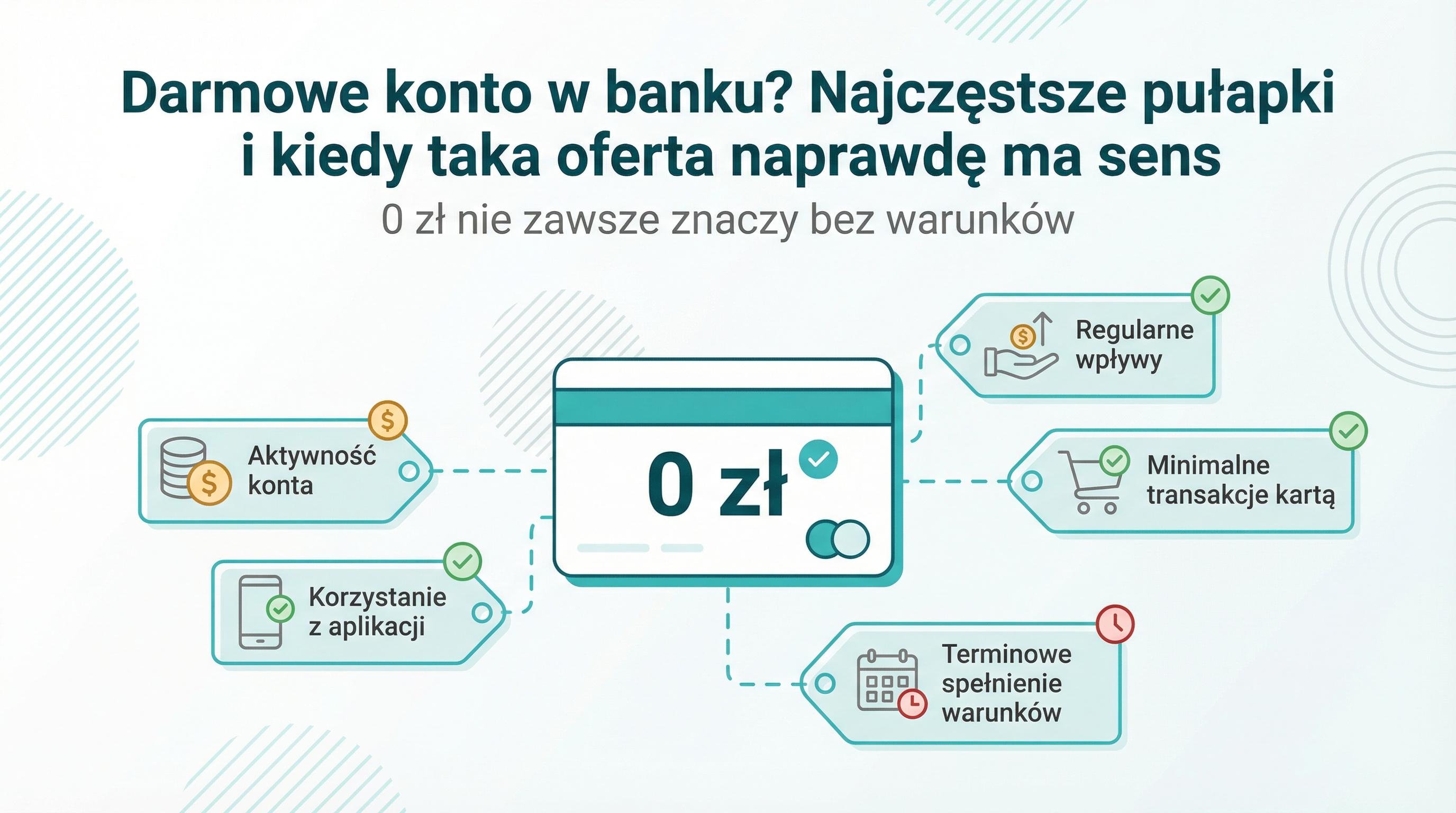 Grafika pokazująca, że hasło darmowe konto wymaga sprawdzenia warunków i opłat ukrytych w szczegółach.