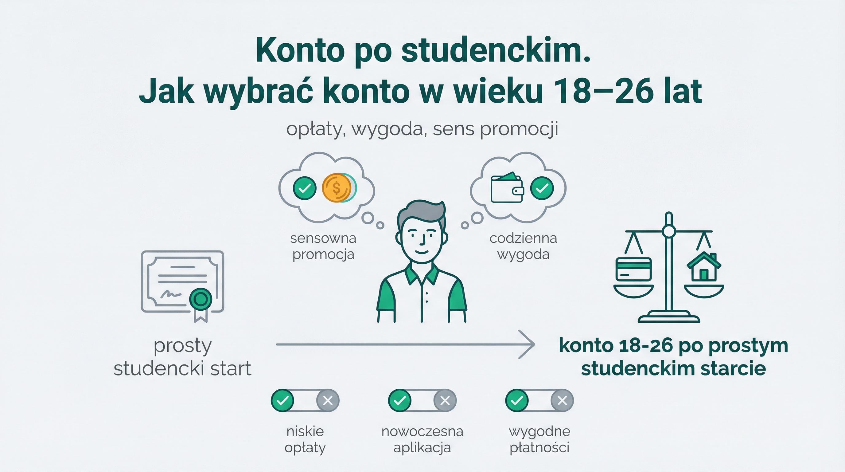 Grafika dla osoby 18-26 lat, która wybiera konto po okresie studenckim i porównuje prostotę, opłaty oraz sens promocji.