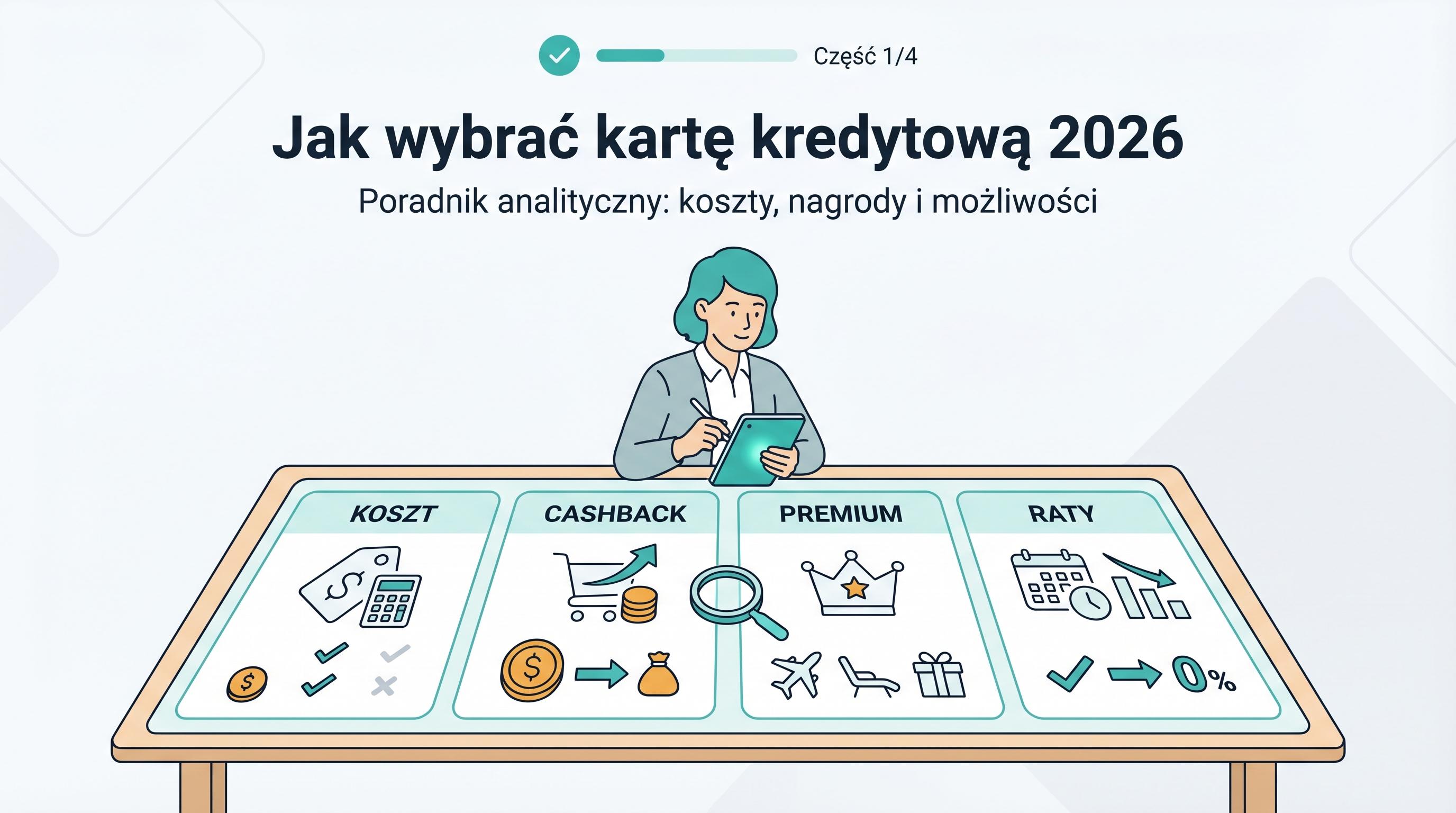 Osoba porównuje cztery scenariusze wyboru karty kredytowej: koszt, cashback, premium i raty.
