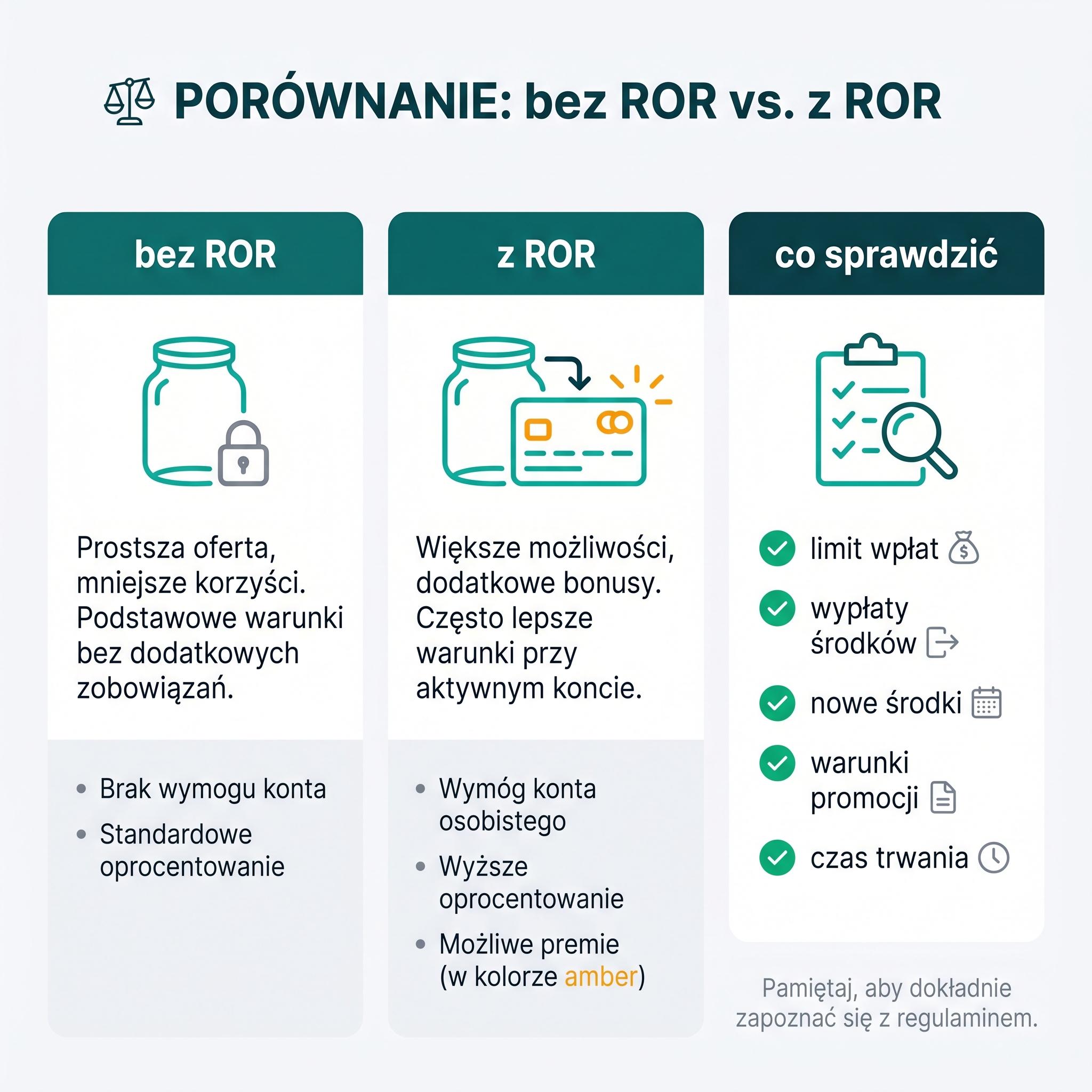 Schemat porównuje dwa układy: bez ROR i z ROR oraz wskazuje, co sprawdzić przed decyzją.
