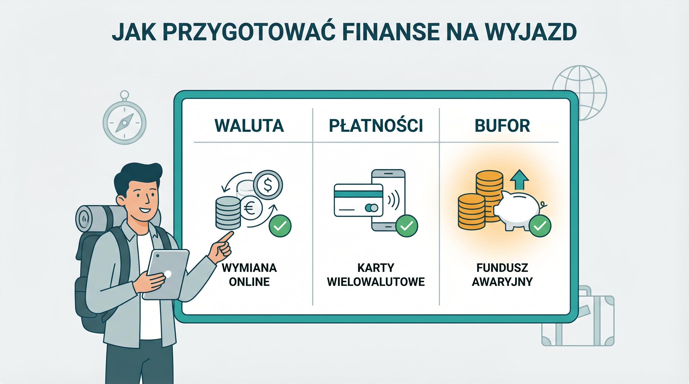 Osoba planuje finanse wyjazdu według trzech filarów: waluta, płatności i bufor bezpieczeństwa.