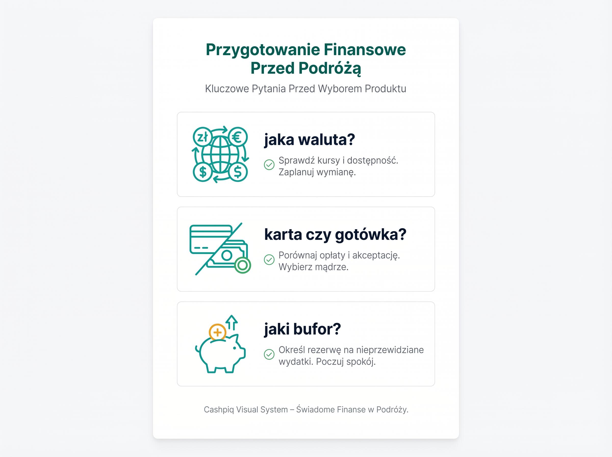 Panel z trzema pytaniami startowymi przed wyjazdem: waluta, sposób płatności i zapas bezpieczeństwa.