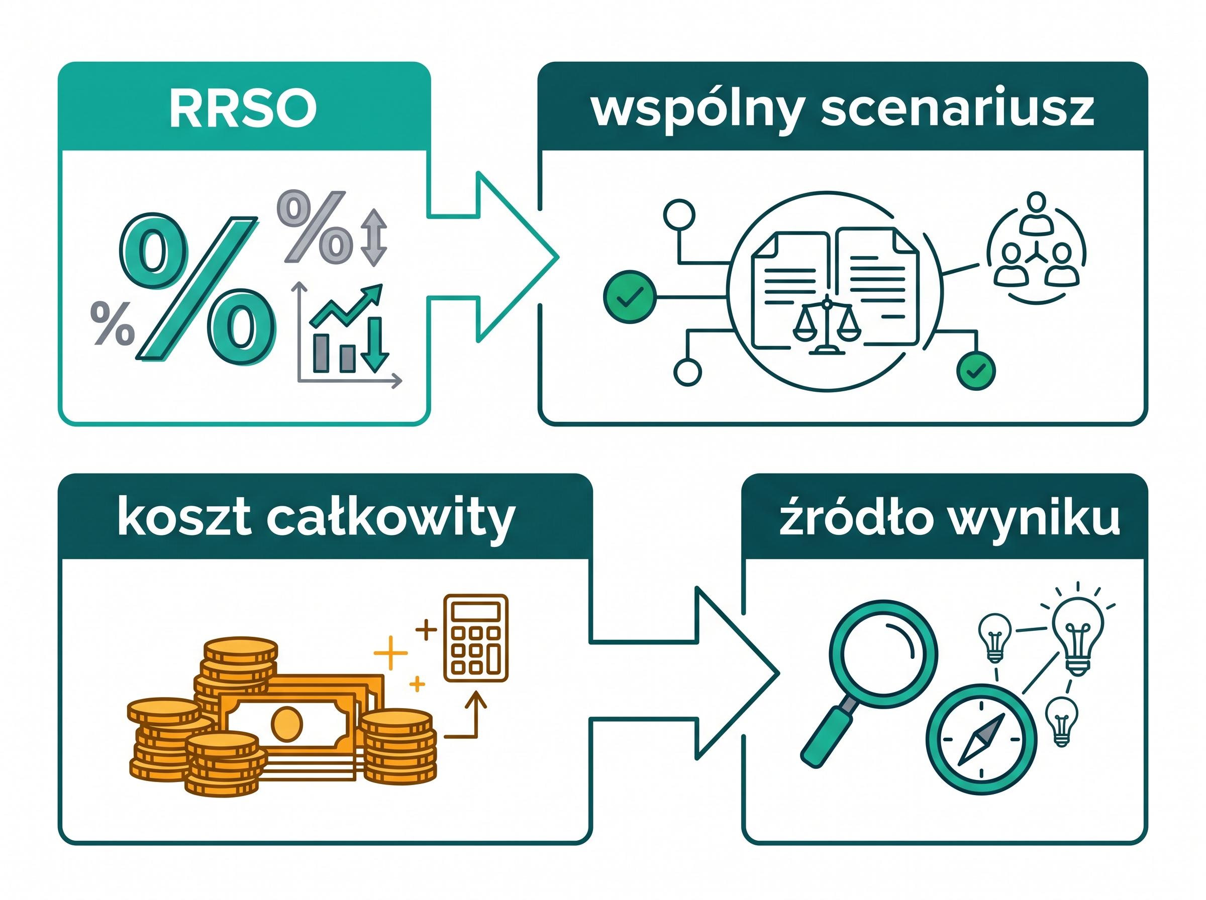 Schemat pokazuje kolejność: RRSO, wspólny scenariusz, koszt całkowity i źródło wyniku.