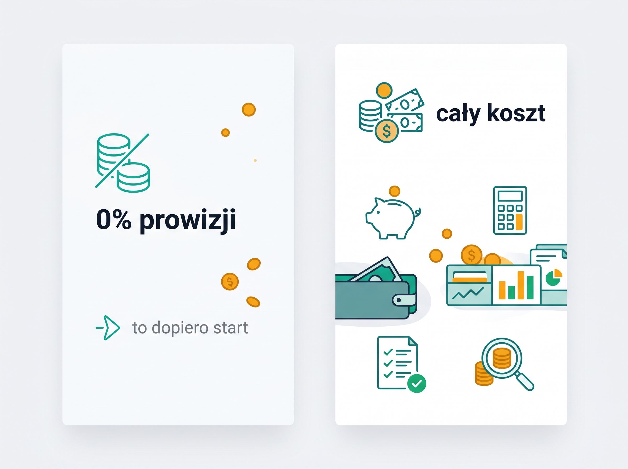 Infografika kontrastuje hasło 0% prowizji z realnym spreadem kosztu całkowitego.