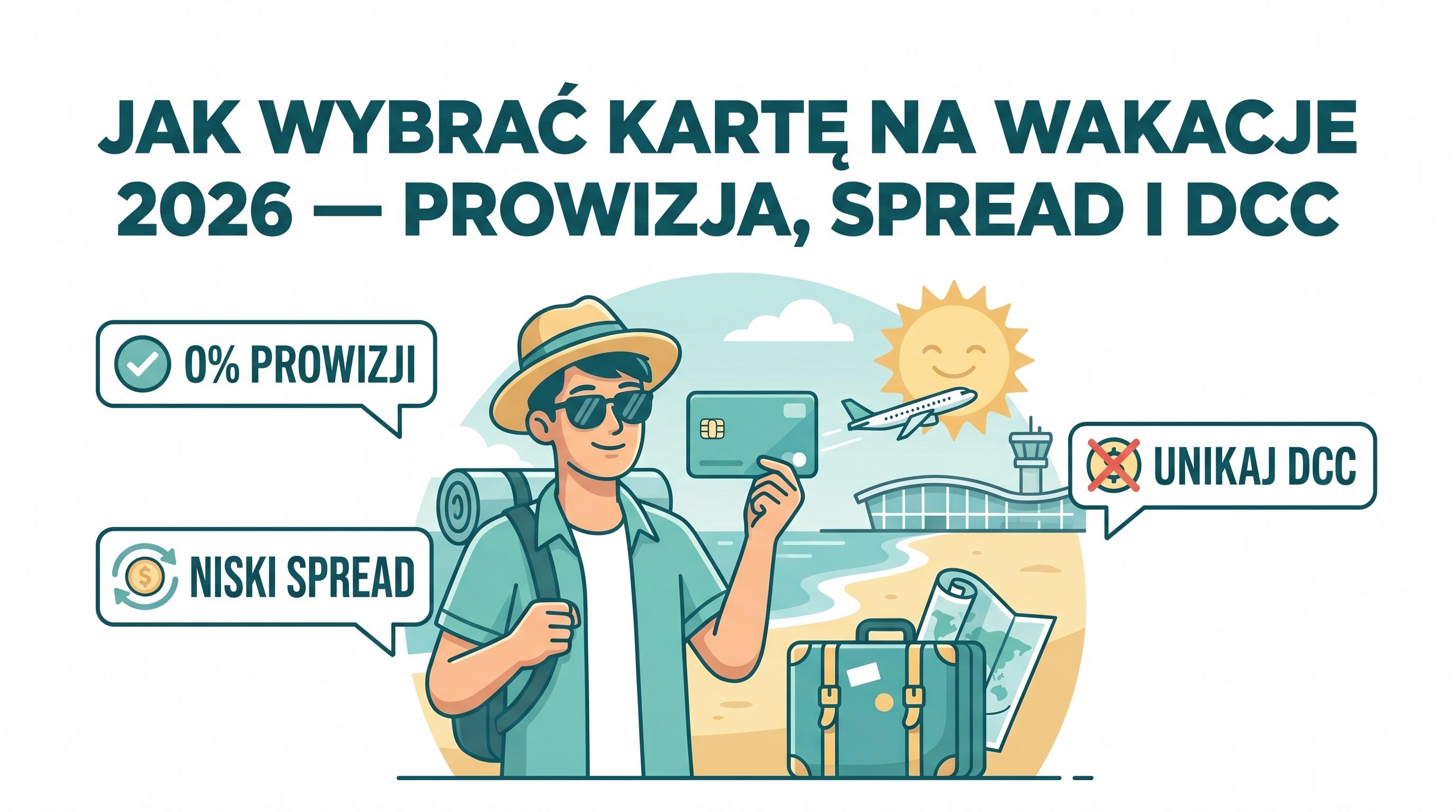 Osoba wybiera kartę płatniczą na wakacje — prowizja, spread i DCC na planszy porównawczej.