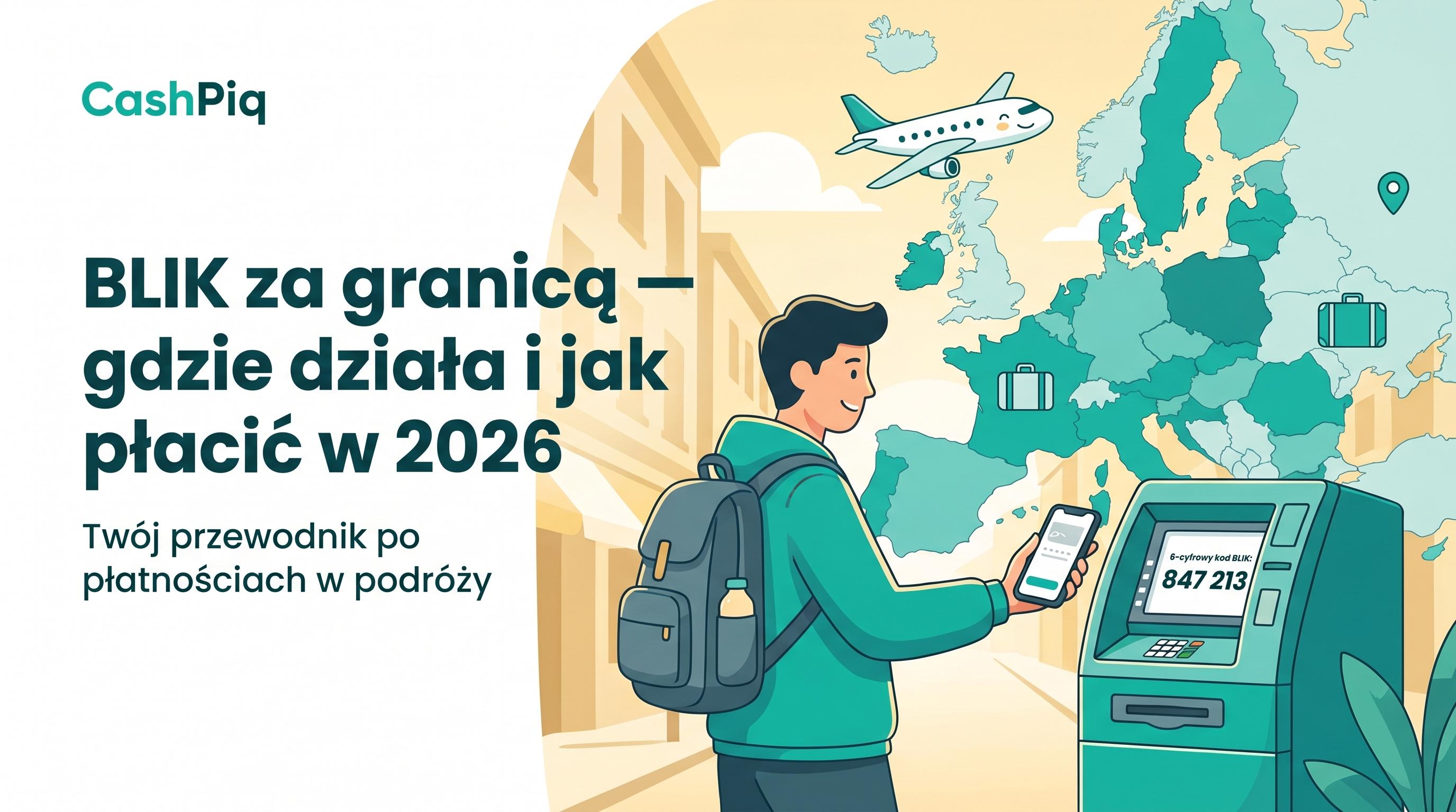 Osoba płaci BLIK-iem za granicą — telefon z kodem BLIK na tle zagranicznego sklepu.