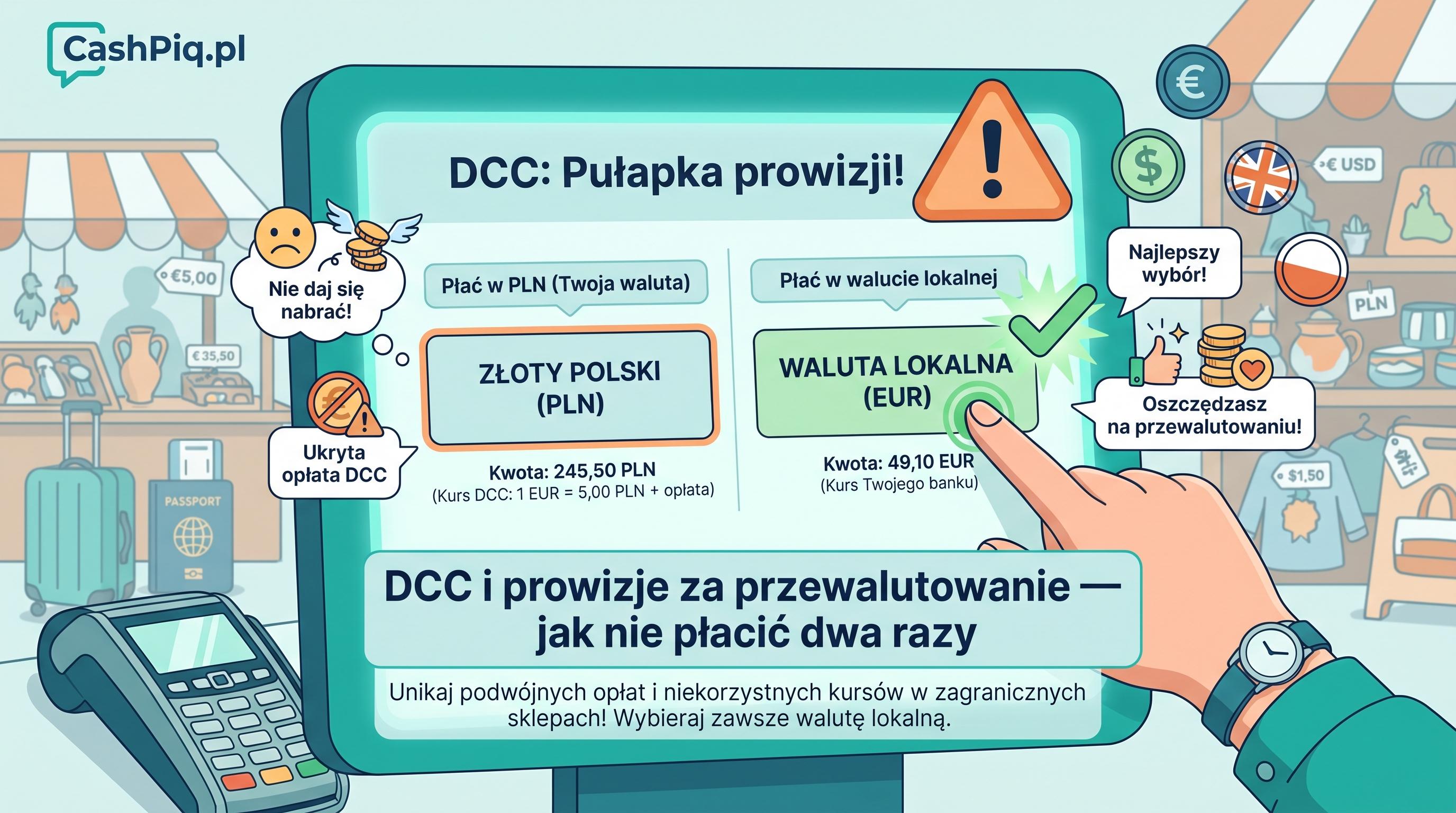 Schemat DCC i podwójne prowizje za granicą — jak ich uniknąć, wybór waluty na terminalu.