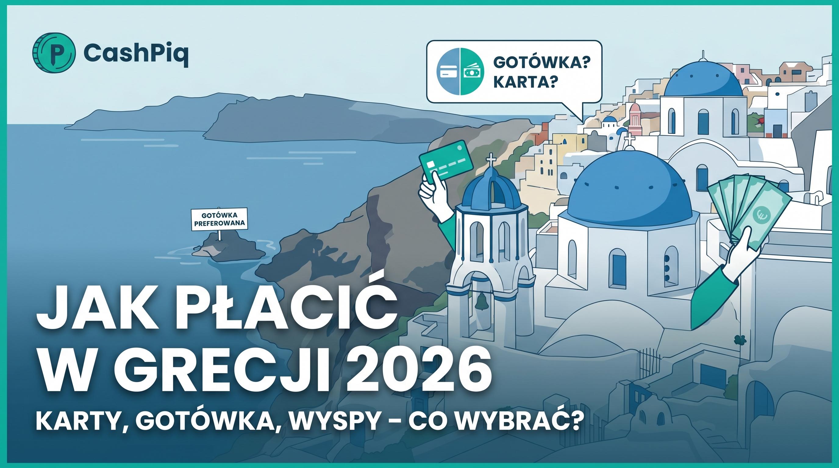 Grecja — błękitne kopuły Santorini, turysta z kartą i gotówką euro.
