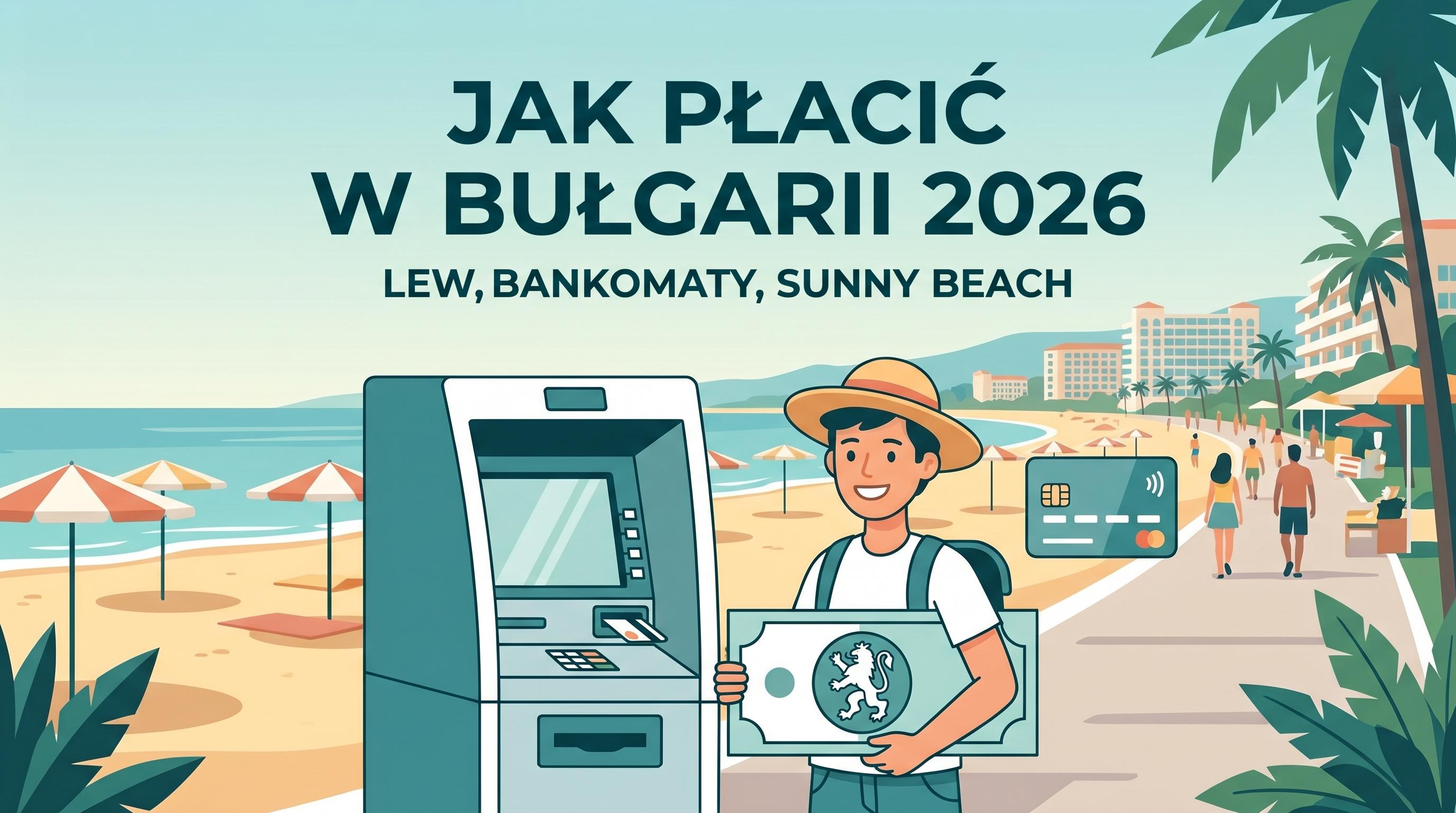 Bułgaria Sunny Beach — lew bułgarski (BGN), bankomat i karta na tle kurortu.