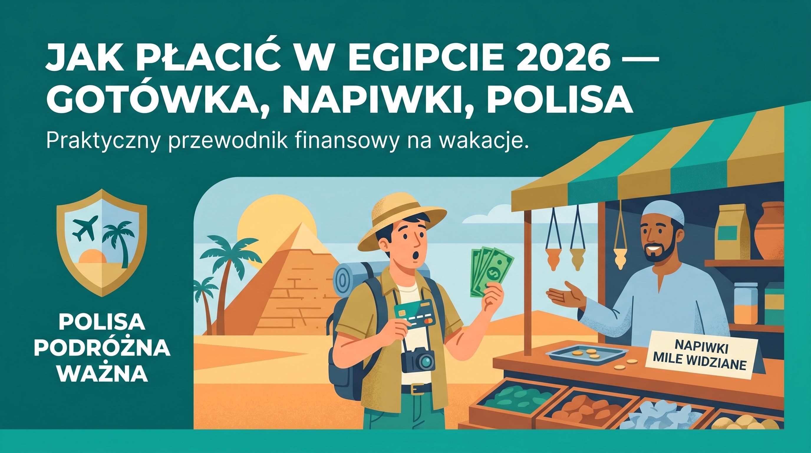 Egipt — piramidy w tle, turysta z dolarami i kartą, napiwki i polisa.